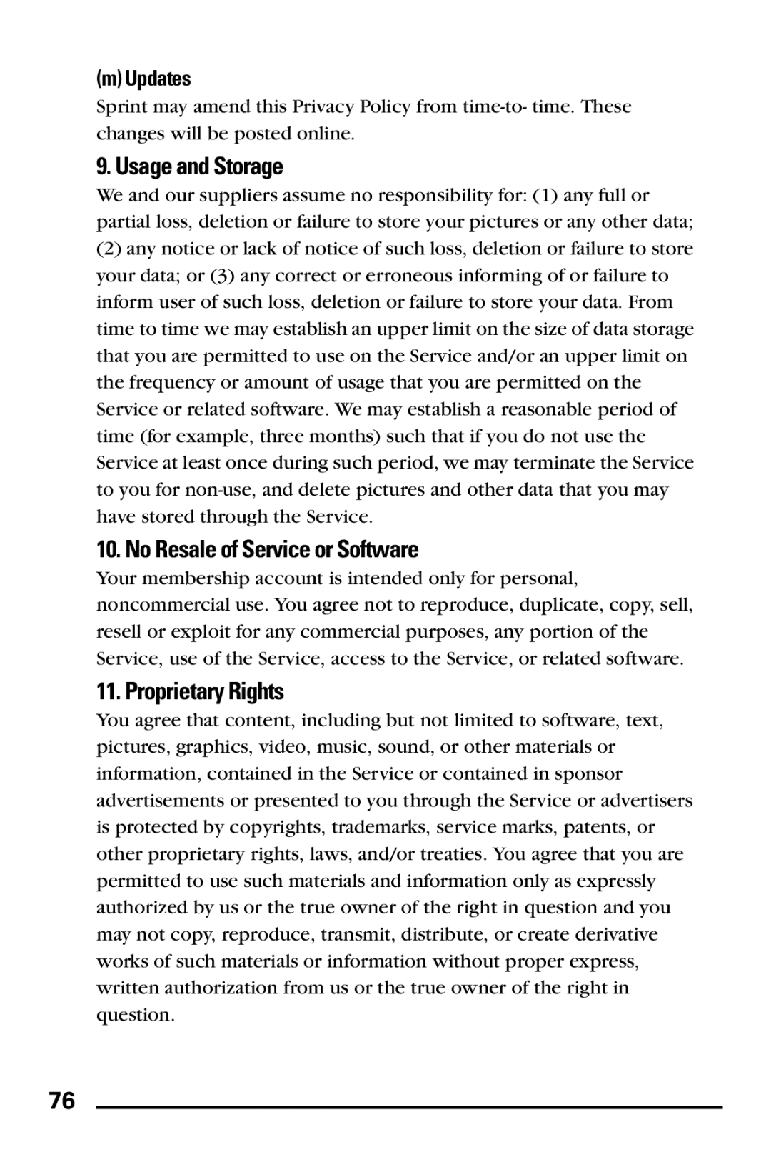 Samsung PM-A740 manual Usage and Storage, No Resale of Service or Software, Proprietary Rights 