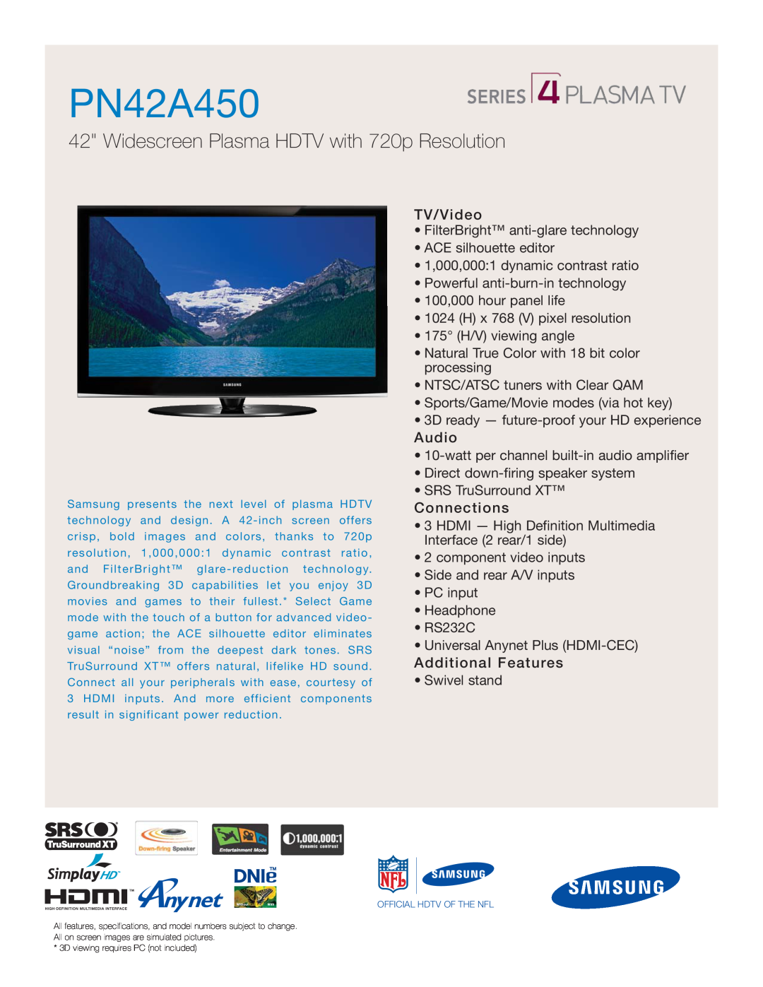 Samsung PN42A450 specifications Widescreen Plasma HDTV with 720p Resolution 