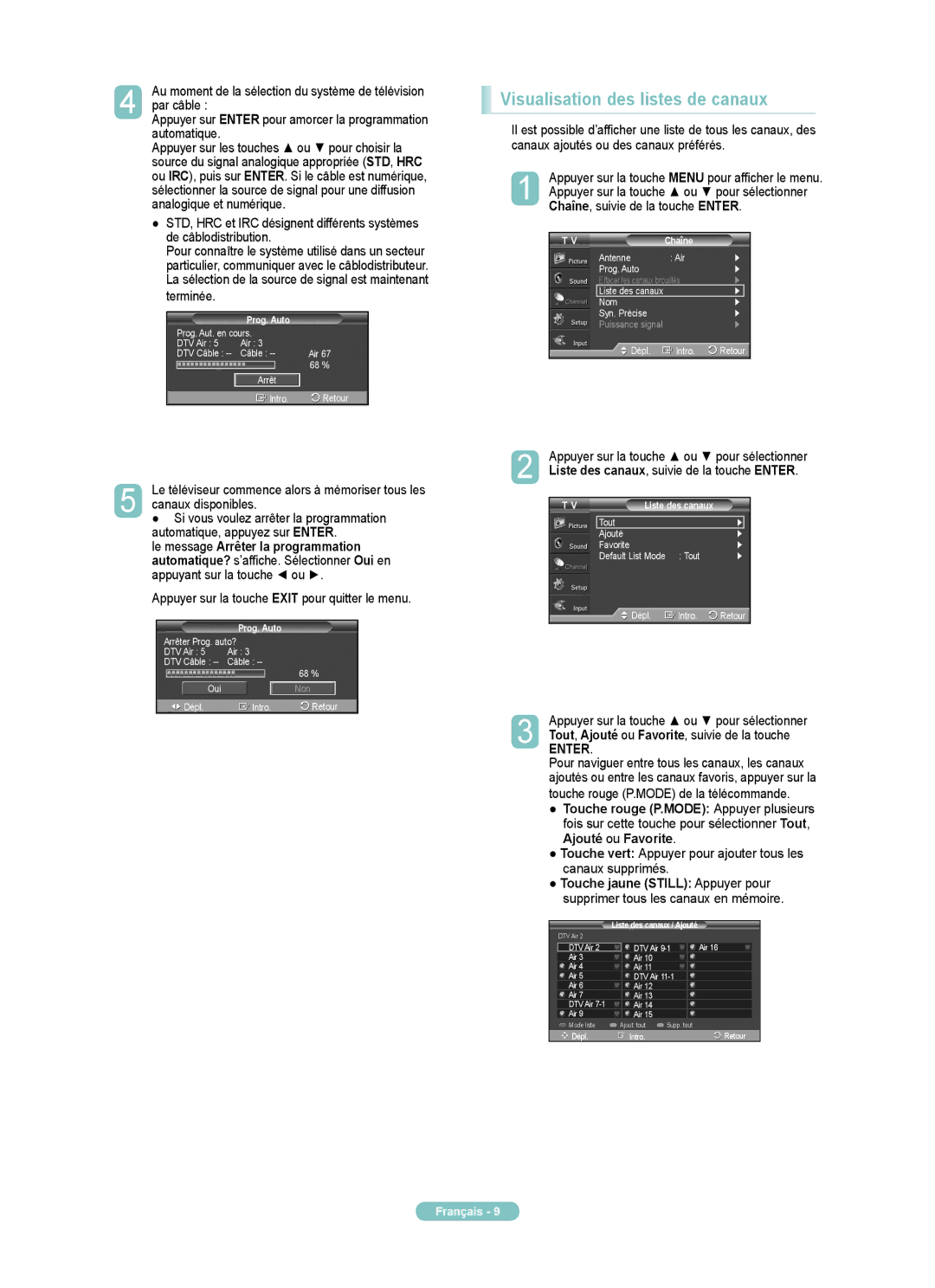 Samsung PN50A450PD, PN42A450PD manual Visualisation des listes de canaux, Appuyant sur la touche ou 