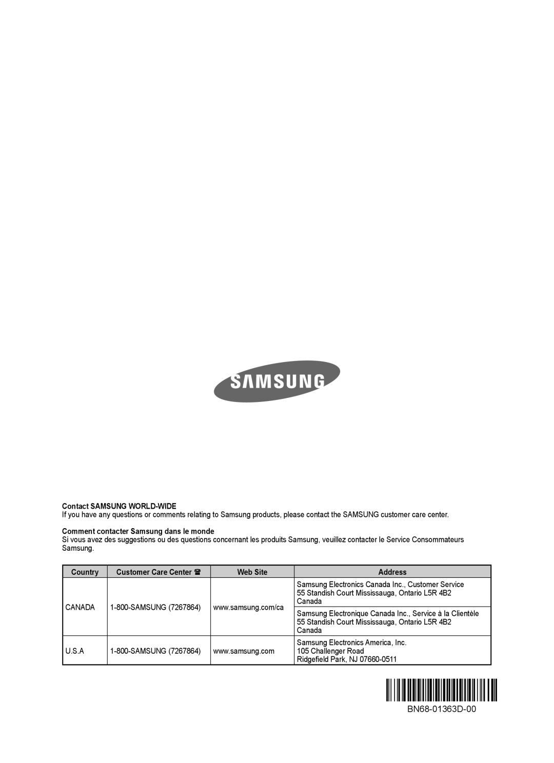 Samsung PN42A450PD Contact Samsung WORLD-WIDE, Comment contacter Samsung dans le monde, Country, Web Site Address, Canada 