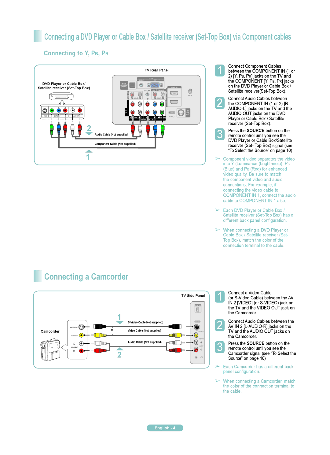 Samsung PN42A450PD, PN50A450PD manual Connecting a Camcorder, Connecting to Y, PB, PR 