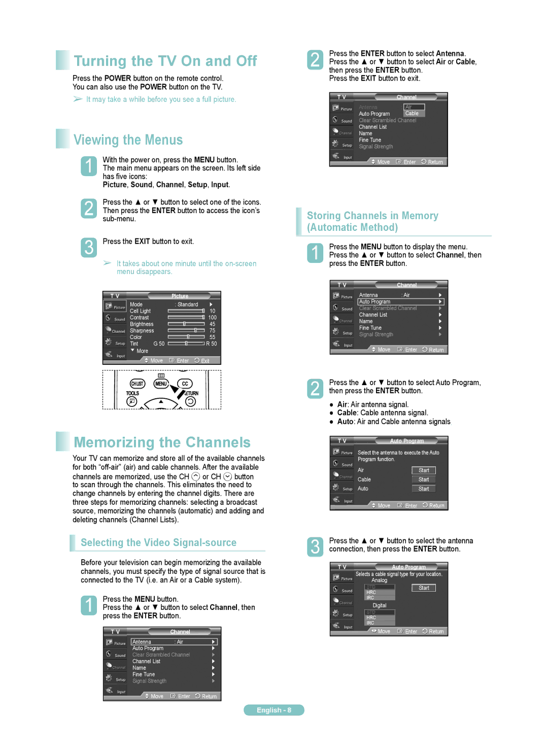 Samsung PN42A450PD, PN50A450PD manual Turning the TV On and Off, Viewing the Menus, Memorizing the Channels 