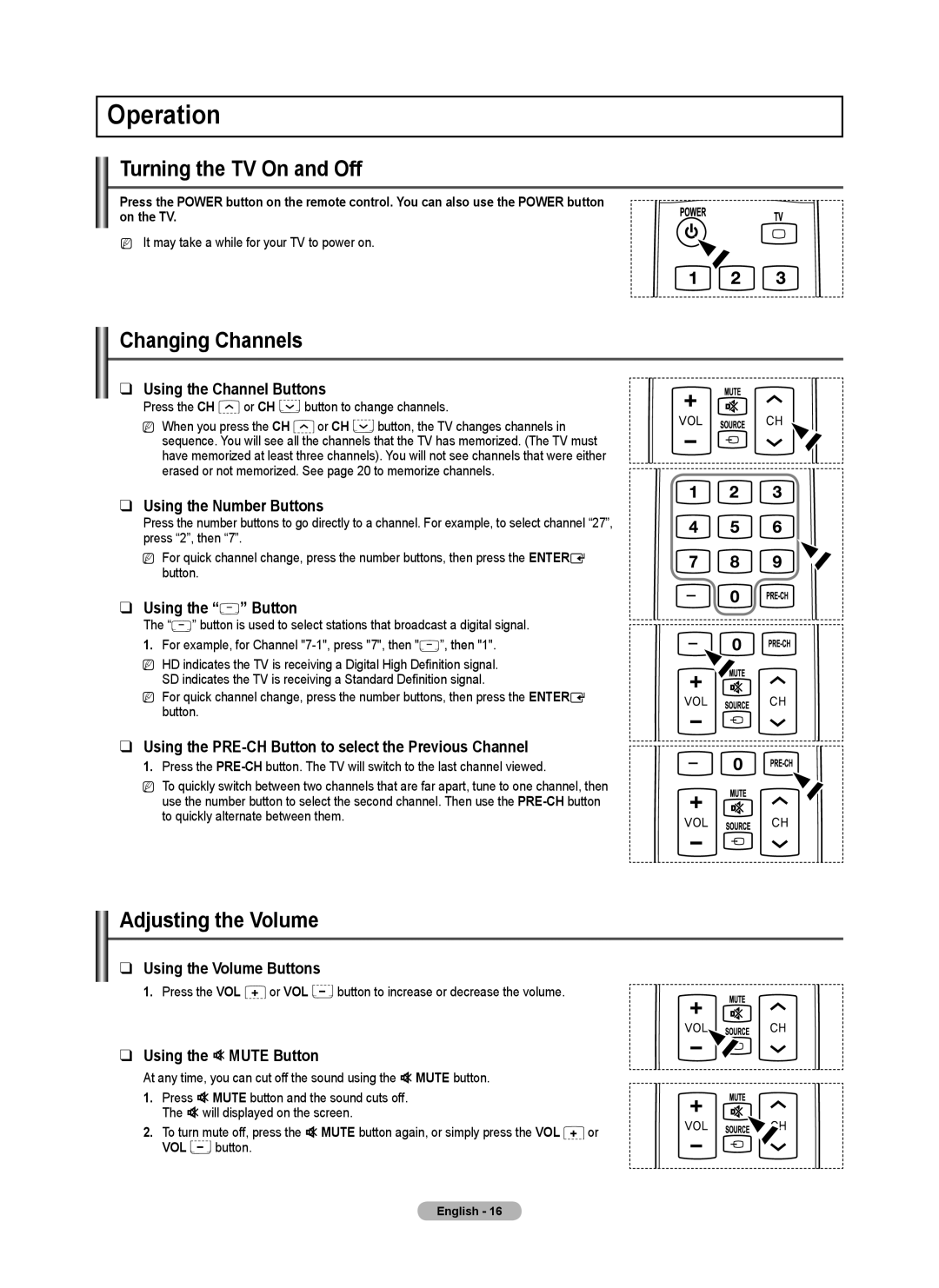 Samsung PN42B430, PN50B40PD user manual Operation, Turning the TV On and Off, Changing Channels, Adjusting the Volume 