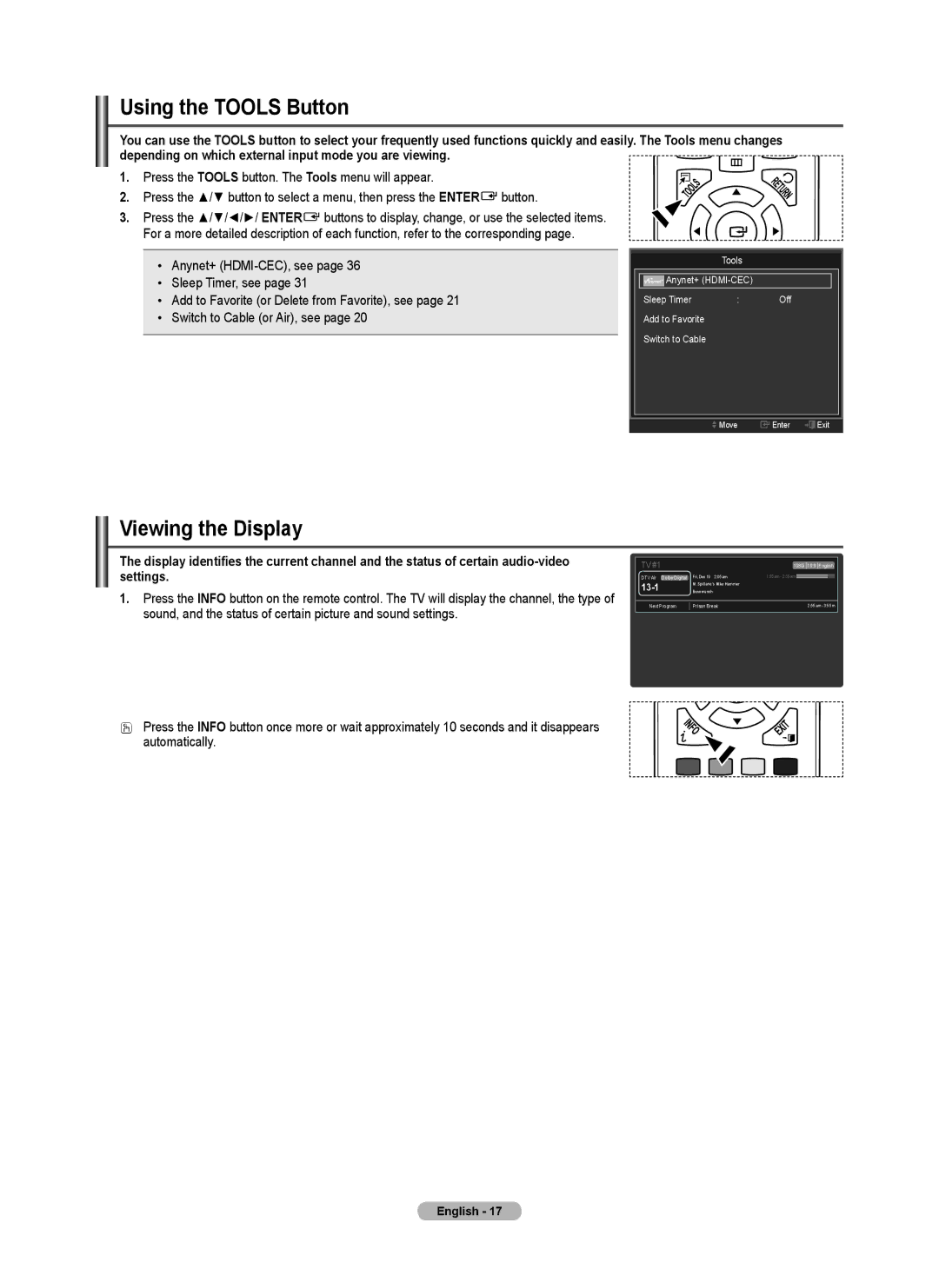 Samsung PN50B40PD, PN42B430 user manual Using the Tools Button, Viewing the Display, 13-1 