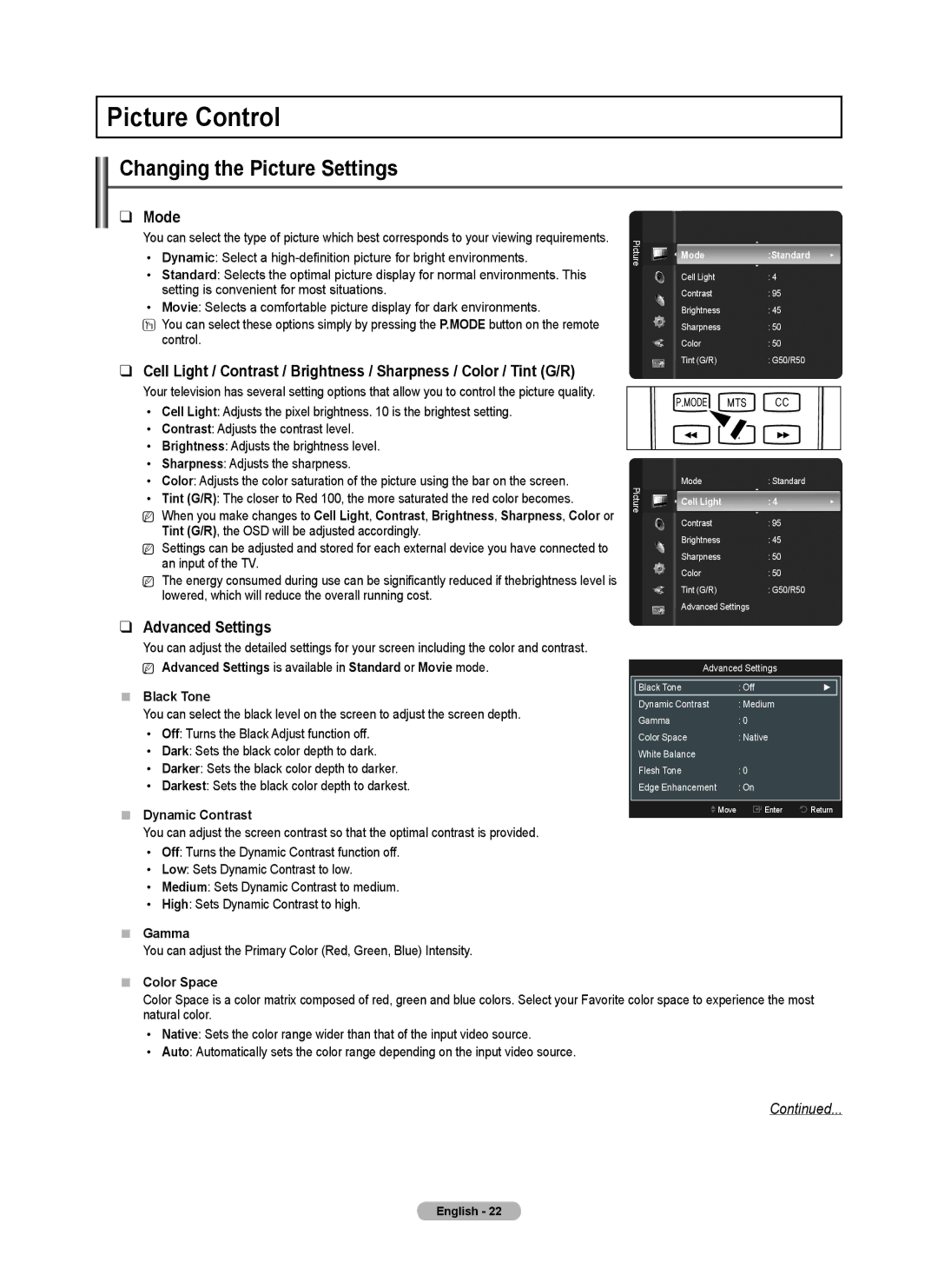 Samsung PN42B430, PN50B40PD user manual Picture Control, Changing the Picture Settings, Mode, Advanced Settings 