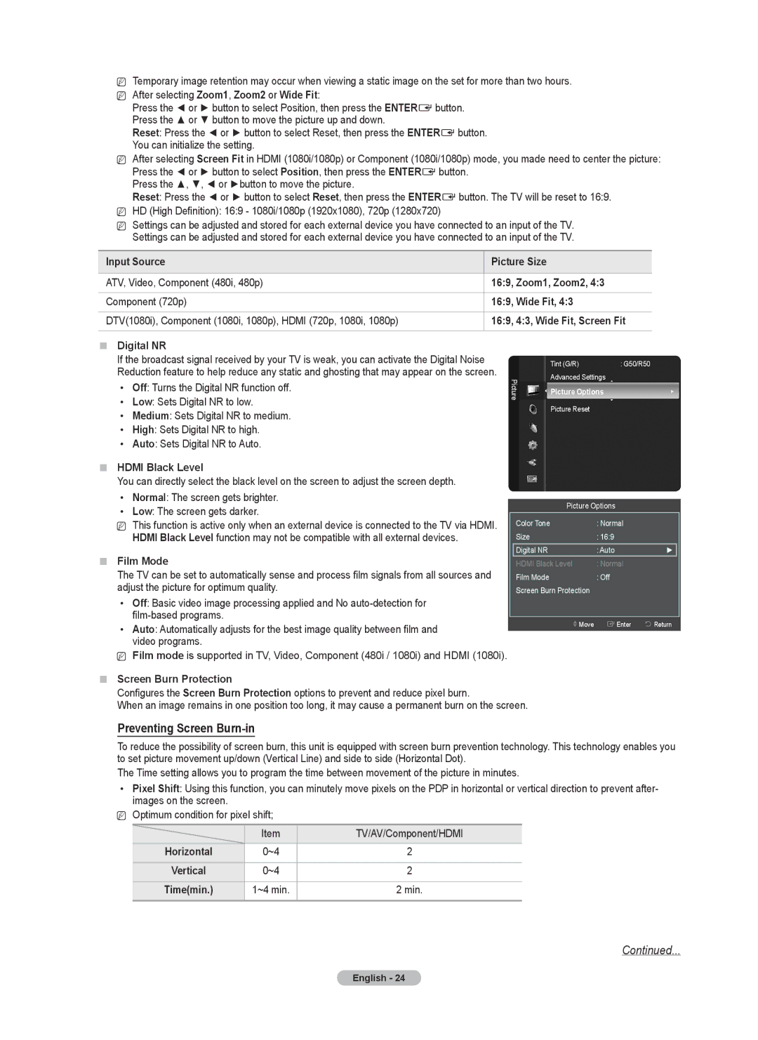 Samsung PN42B430, PN50B40PD user manual Hdmi Black Level, Film Mode,  Screen Burn Protection 