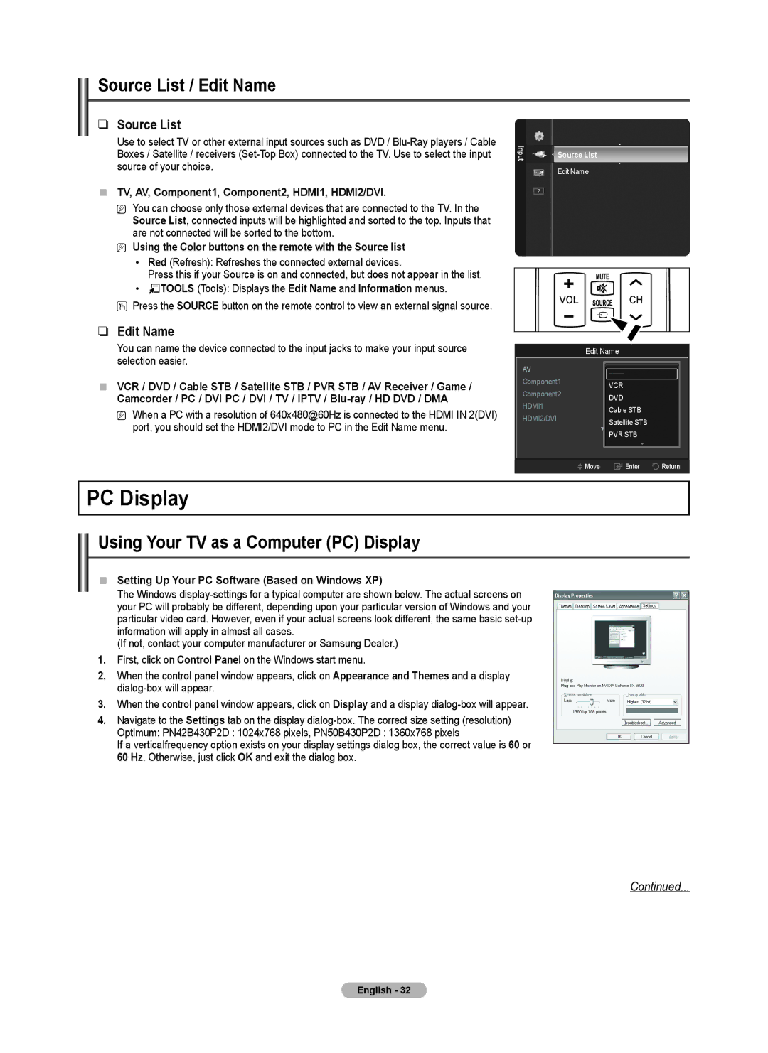 Samsung PN42B430, PN50B40PD user manual Source List / Edit Name, Using Your TV as a Computer PC Display 