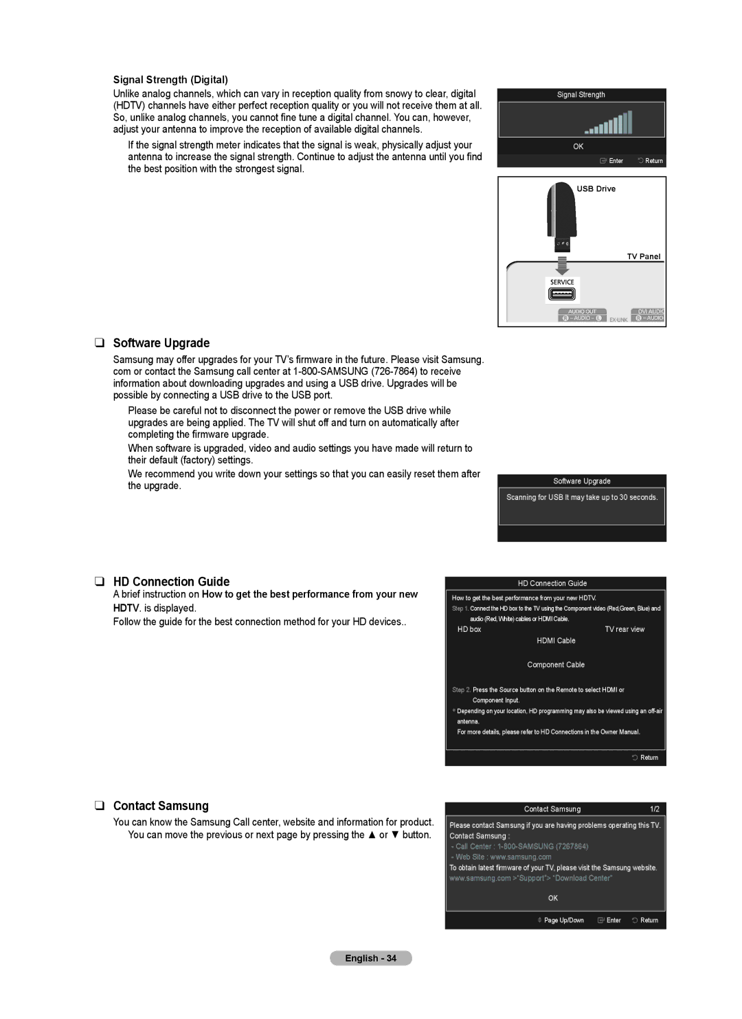 Samsung PN42B430 Software Upgrade, HD Connection Guide, Contact Samsung,  Signal Strength Digital, Software upgrade 