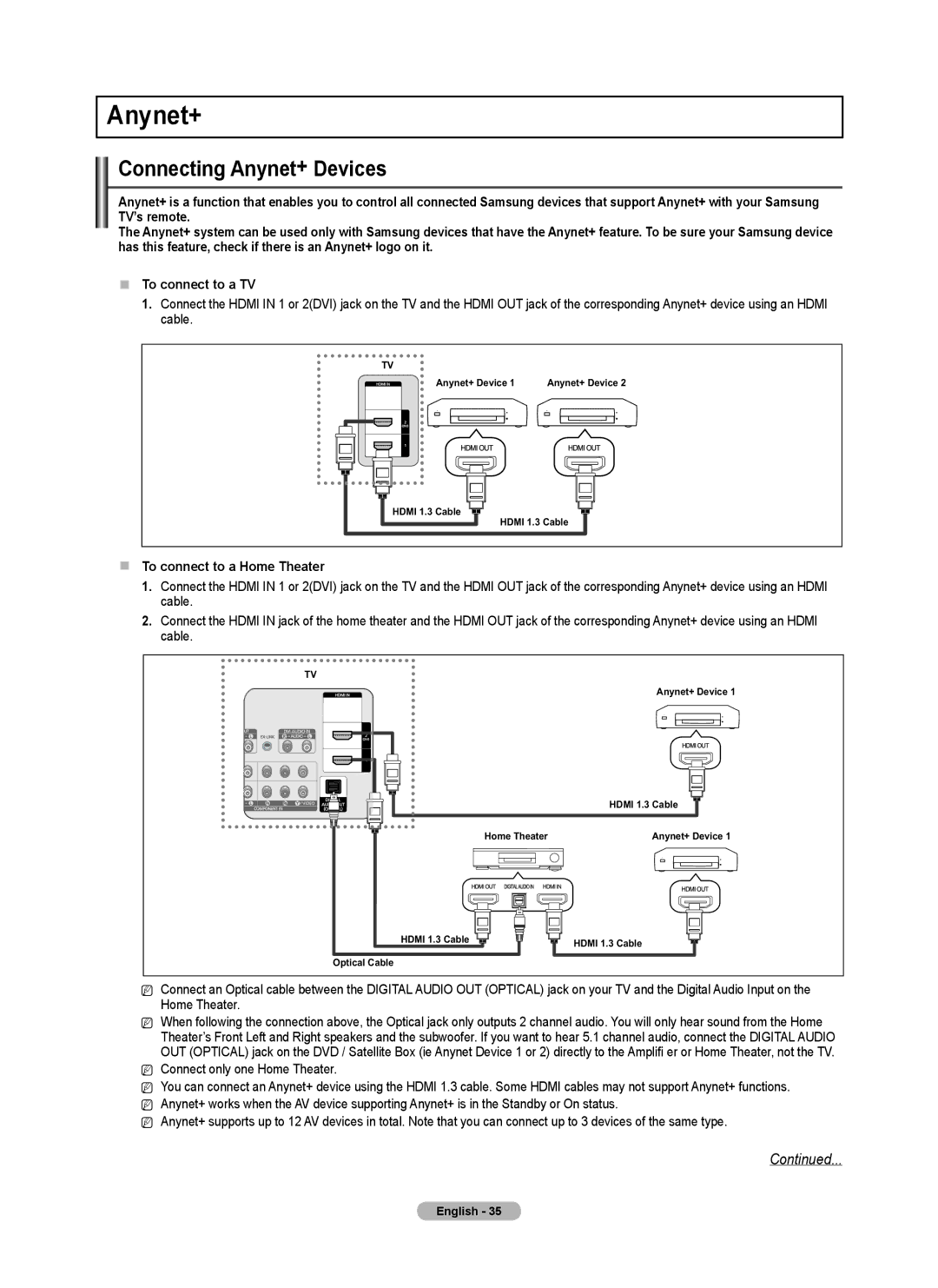 Samsung PN50B40PD, PN42B430 Connecting Anynet+ Devices,  To connect to a Home Theater, Connect only one Home Theater 