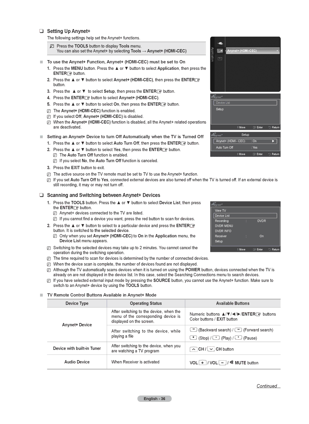 Samsung PN42B430, PN50B40PD user manual Setting Up Anynet+, Scanning and Switching between Anynet+ Devices 