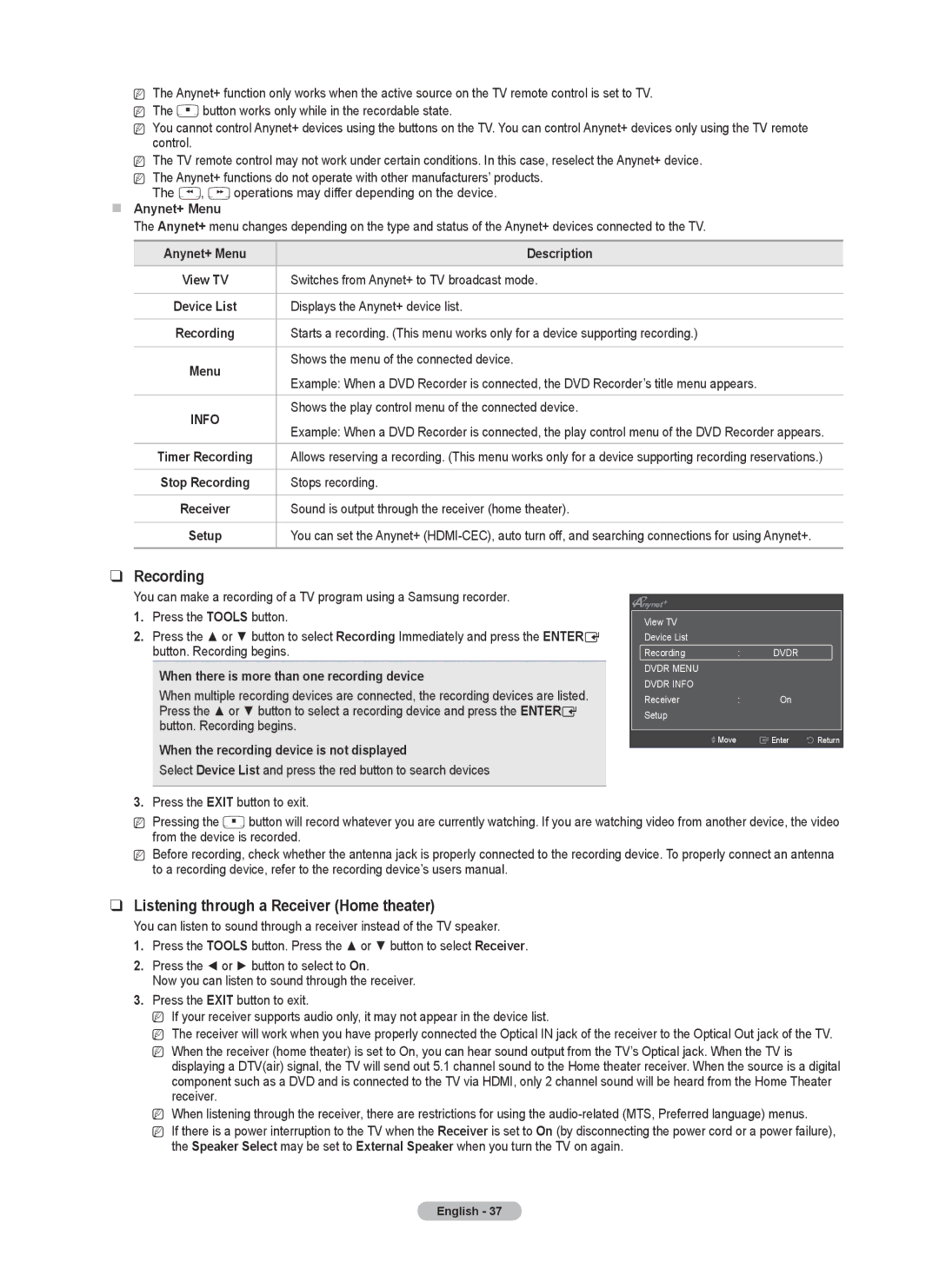 Samsung PN50B40PD, PN42B430 user manual Recording, Listening through a Receiver Home theater 