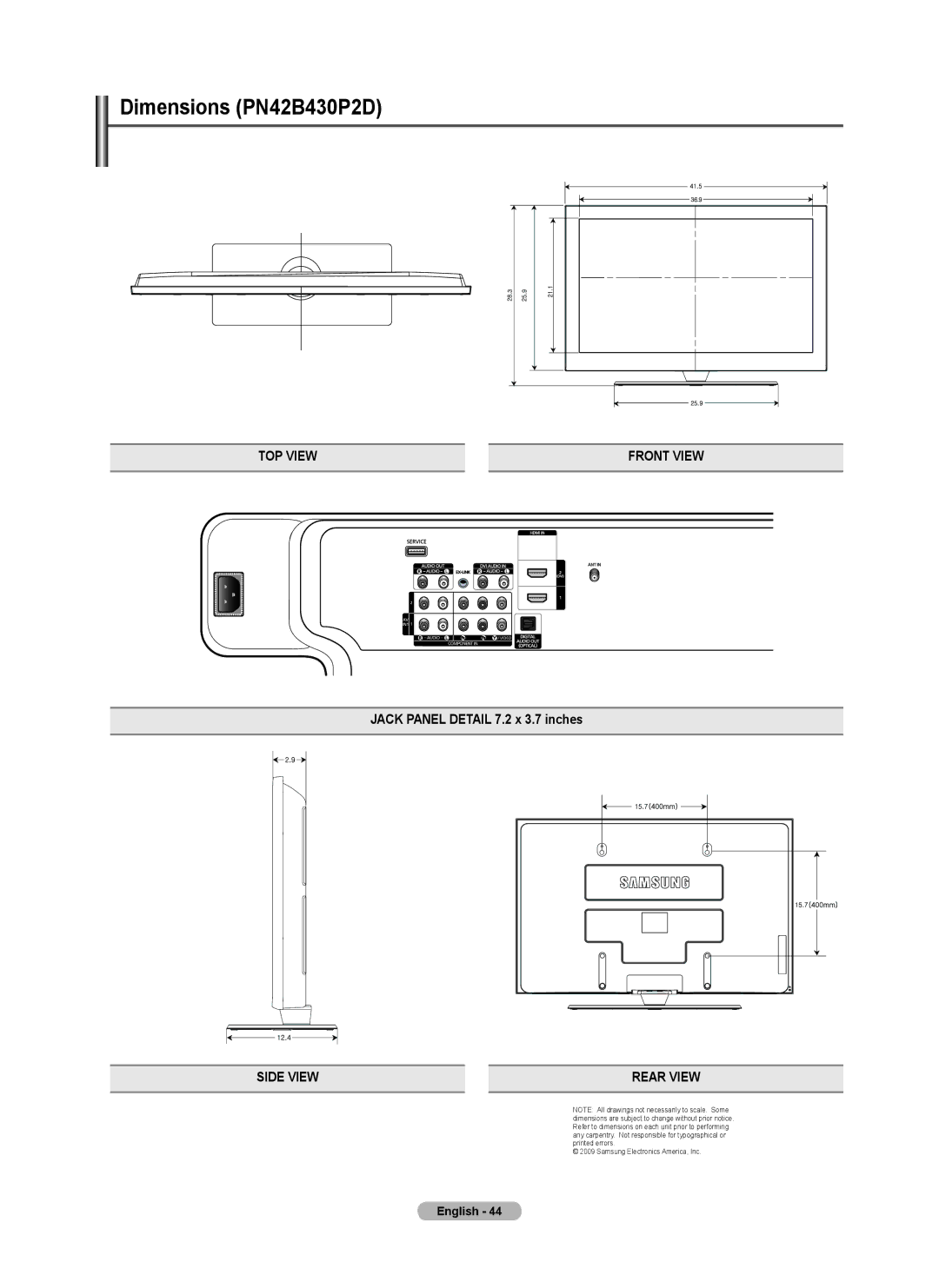 Samsung PN50B40PD Dimensions PN42B430P2D, TOP View Front View, Jack Panel Detail 7.2 x 3.7 inches, Side View Rear View 