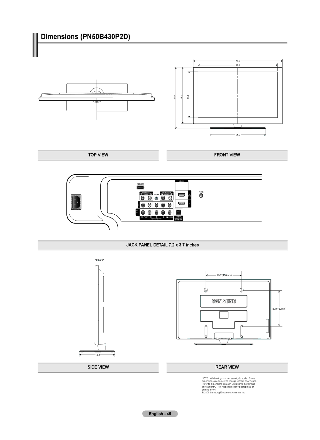 Samsung PN50B40PD, PN42B430 user manual Dimensions PN50B430P2D 