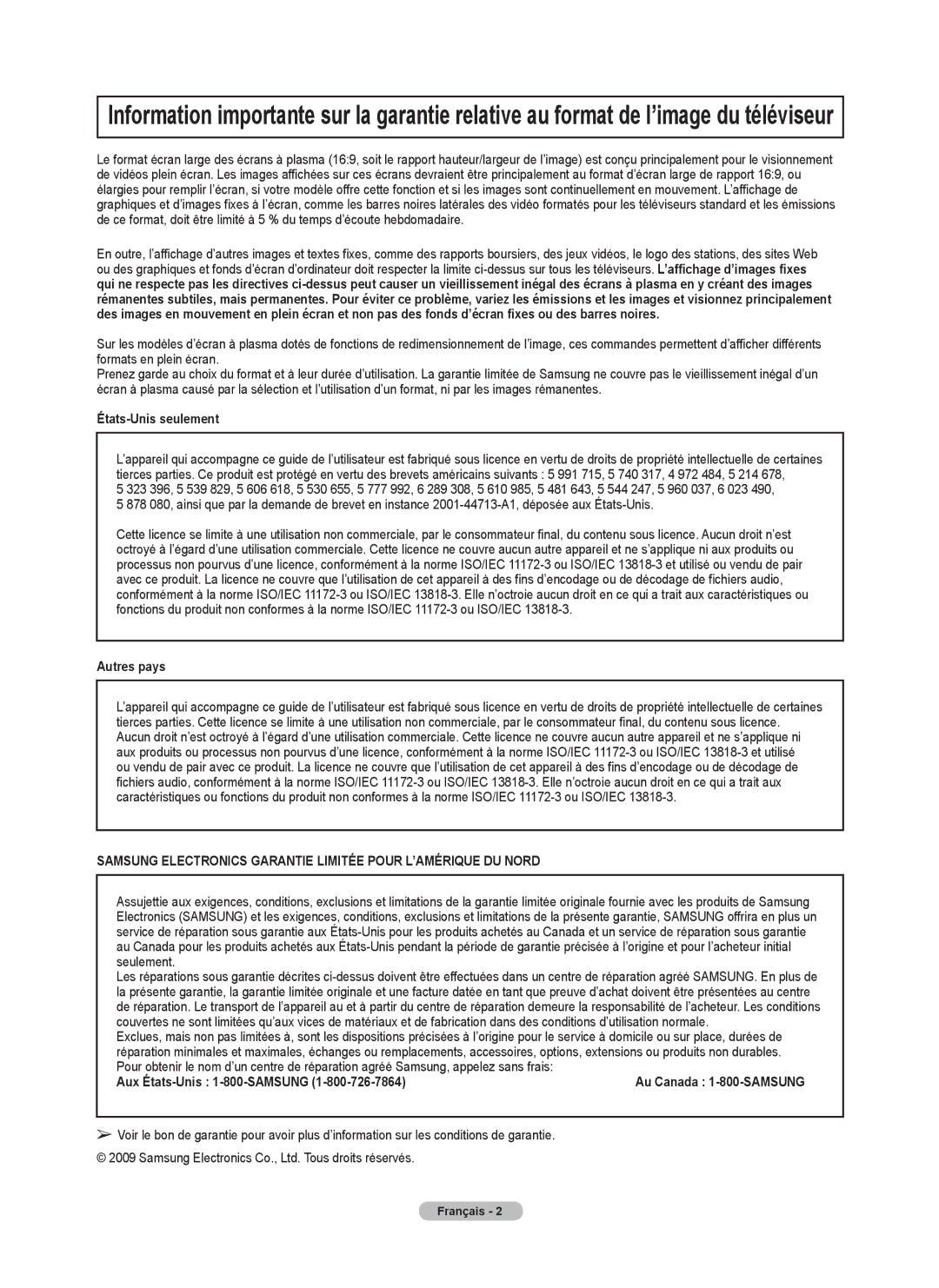 Samsung PN50B40PD, PN42B430 user manual États-Unis seulement, Autres pays 