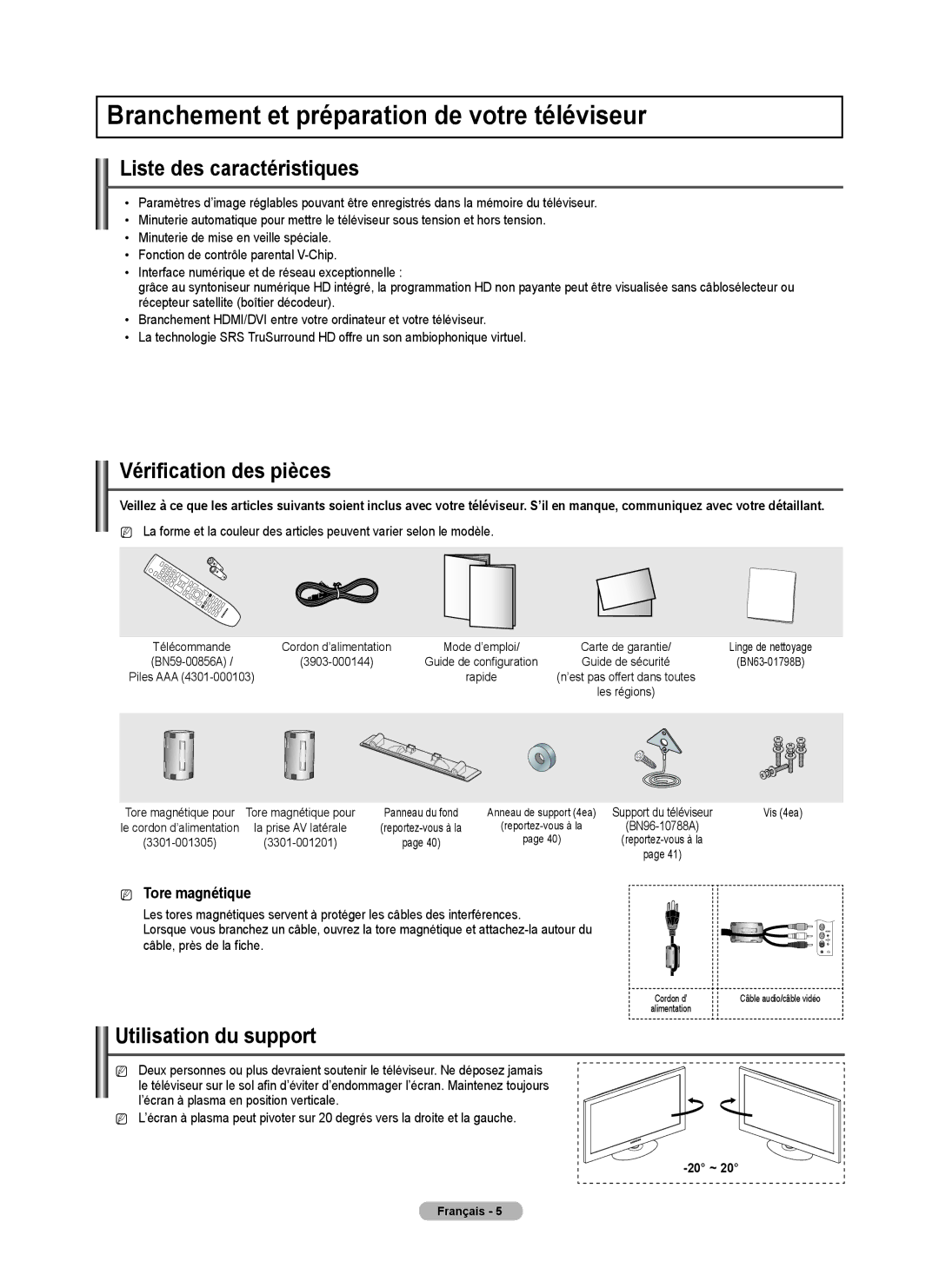 Samsung PN42B430 Branchement et préparation de votre téléviseur, Liste des caractéristiques, Vérification des pièces 