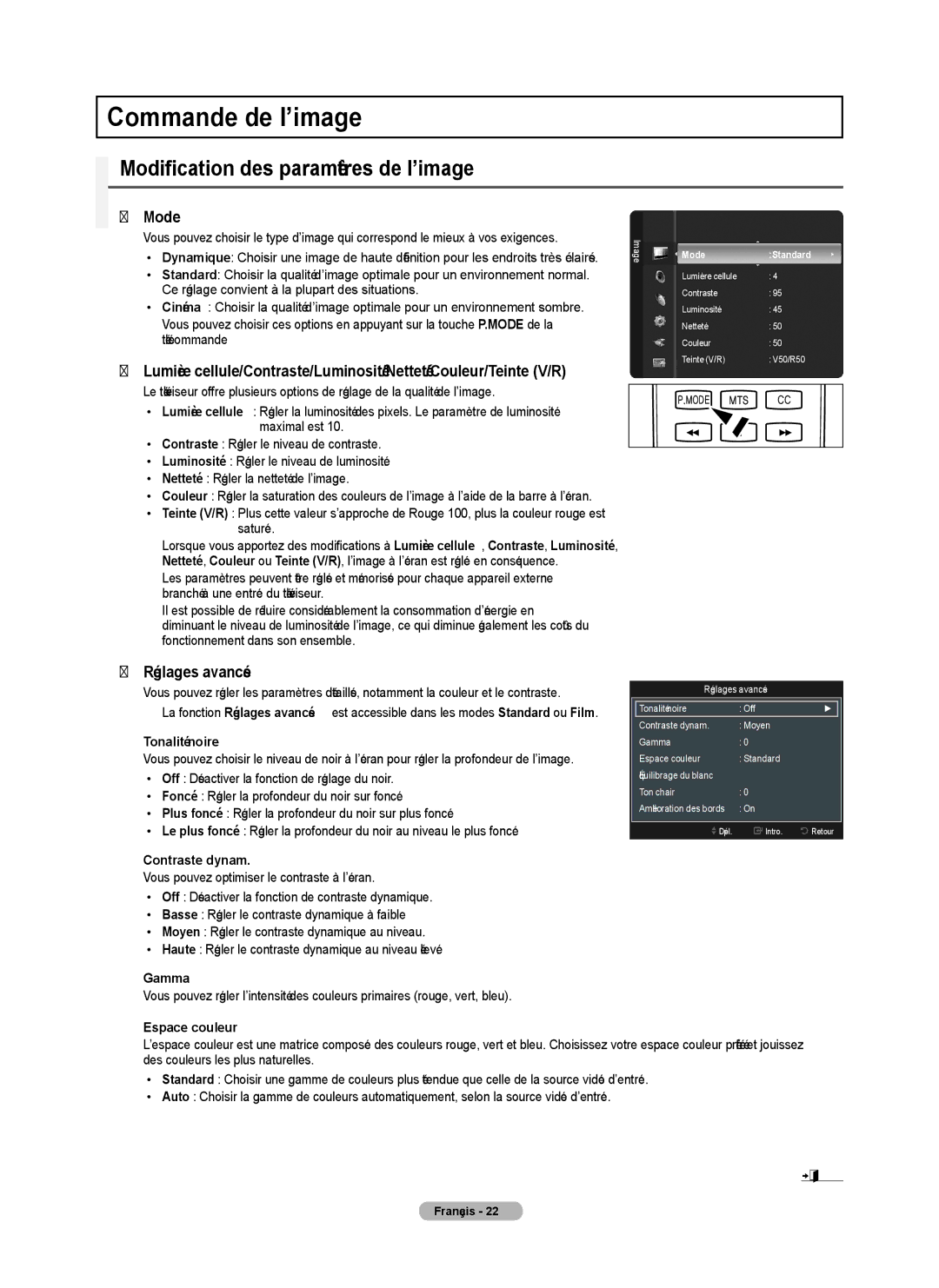 Samsung PN50B40PD, PN42B430 user manual Commande de l’image, Modification des paramètres de l’image, Réglages avancés 