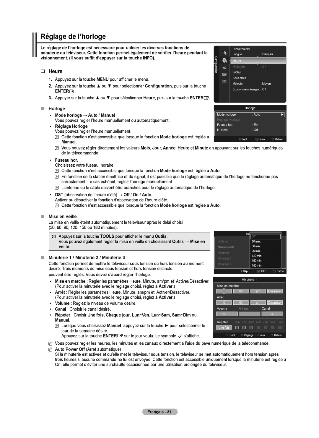 Samsung PN42B430, PN50B40PD user manual Réglage de l’horloge 