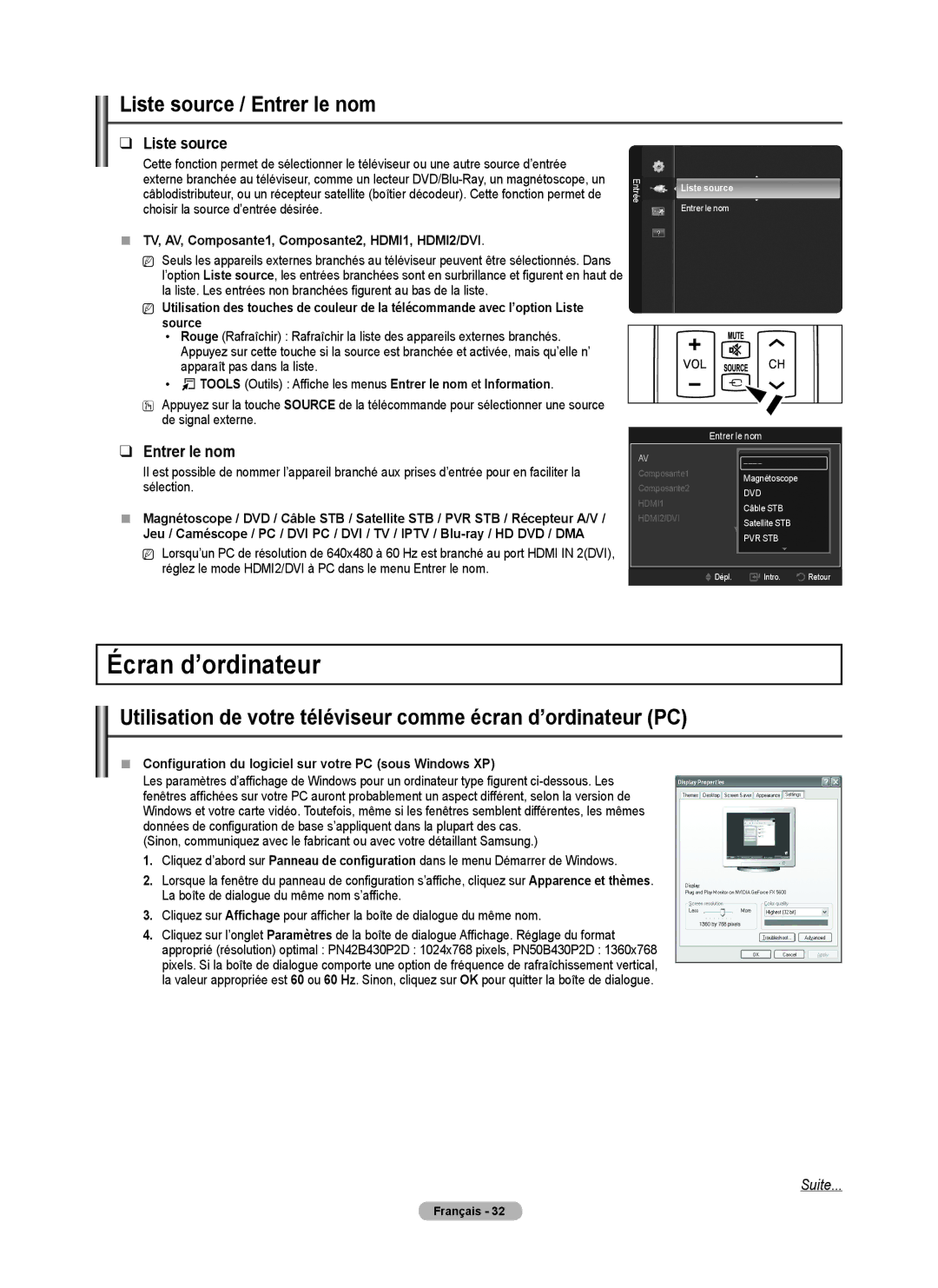 Samsung PN50B40PD, PN42B430 user manual Écran d’ordinateur, Liste source / Entrer le nom 