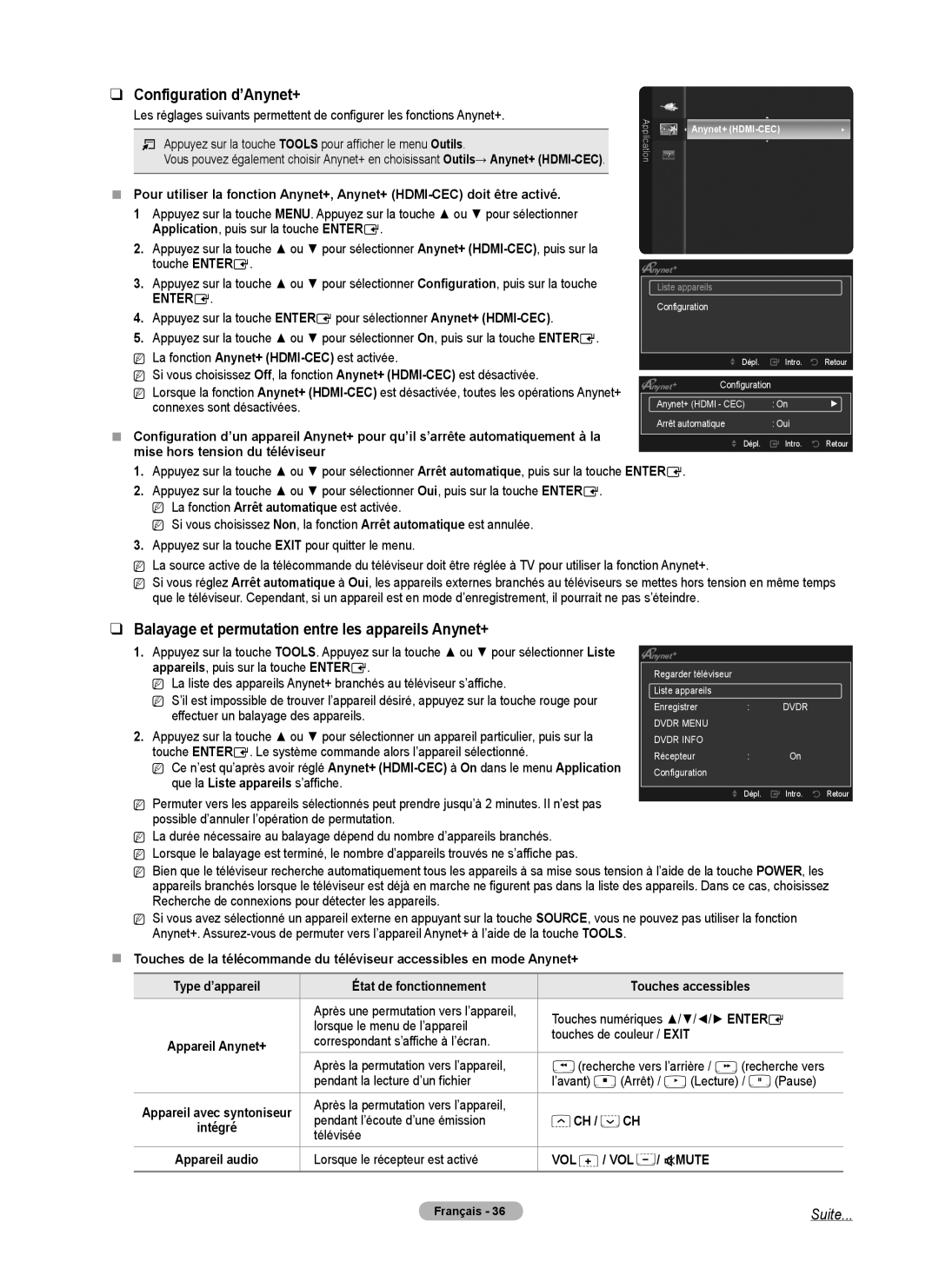 Samsung PN50B40PD, PN42B430 Configuration d’Anynet+, Balayage et permutation entre les appareils Anynet+, VOL Mmute 