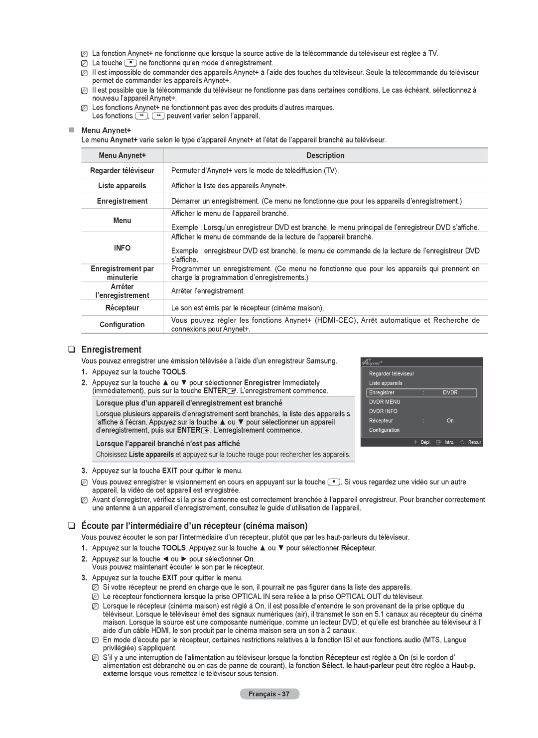 Samsung PN42B430, PN50B40PD Enregistrement, Écoute par l’intermédiaire d’un récepteur cinéma maison,  Menu Anynet+ 