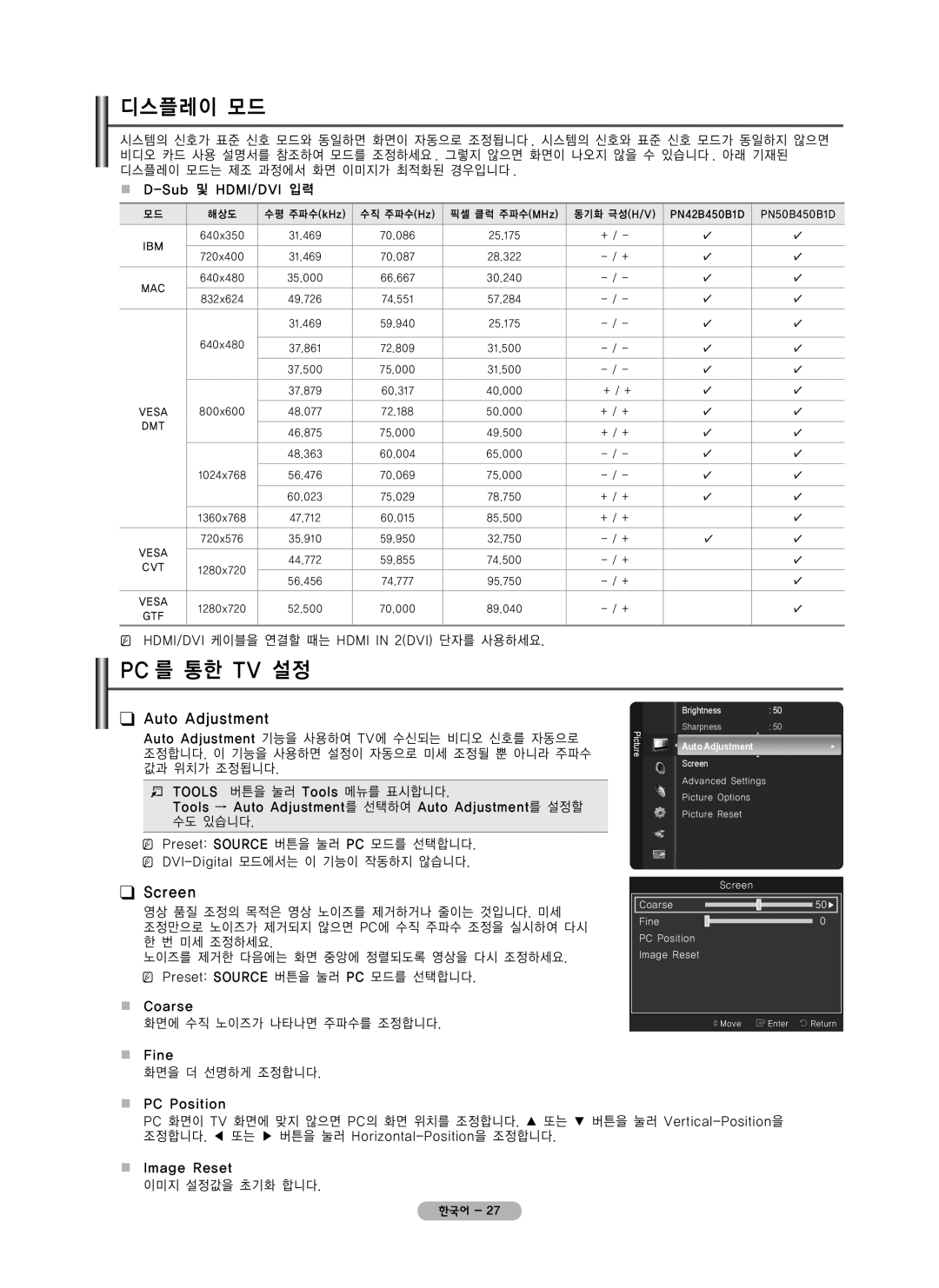 Samsung PN42B450 user manual 디스플레이 모드, Pc 를 통한 Tv 설정, Auto Adjustment, Screen 