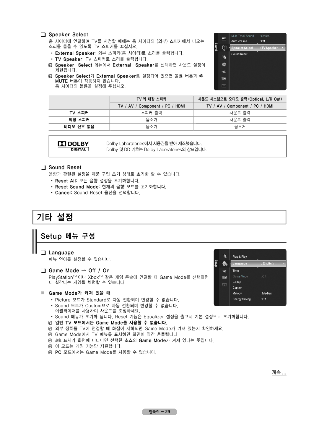 Samsung PN42B450 user manual 기타 설정, Setup 메뉴 구성 