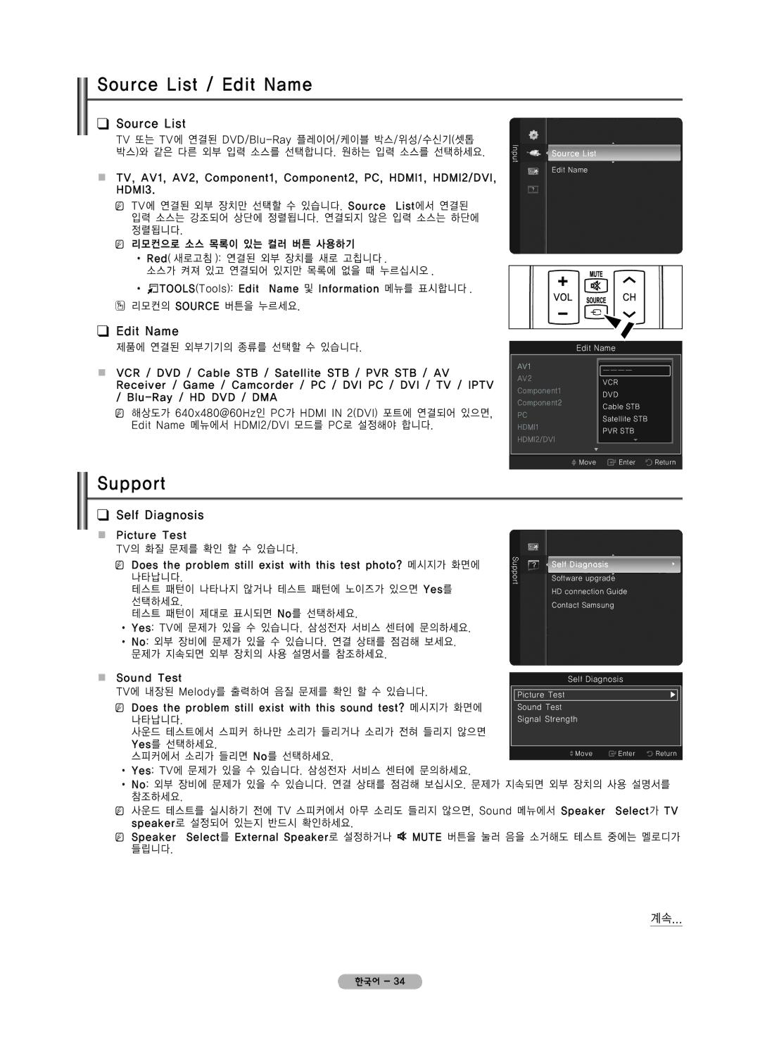 Samsung PN42B450 user manual Source List / Edit Name, Support, Self Diagnosis 