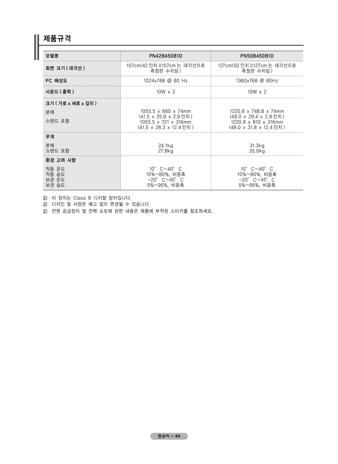 Samsung PN42B450 user manual 제품규격 