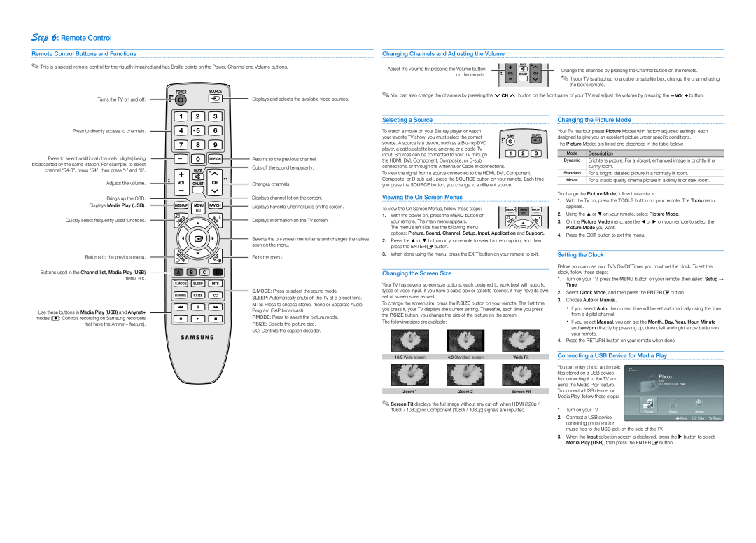 Samsung PN42C450 Remote Control Buttons and Functions, Changing Channels and Adjusting the Volume, Selecting a Source 
