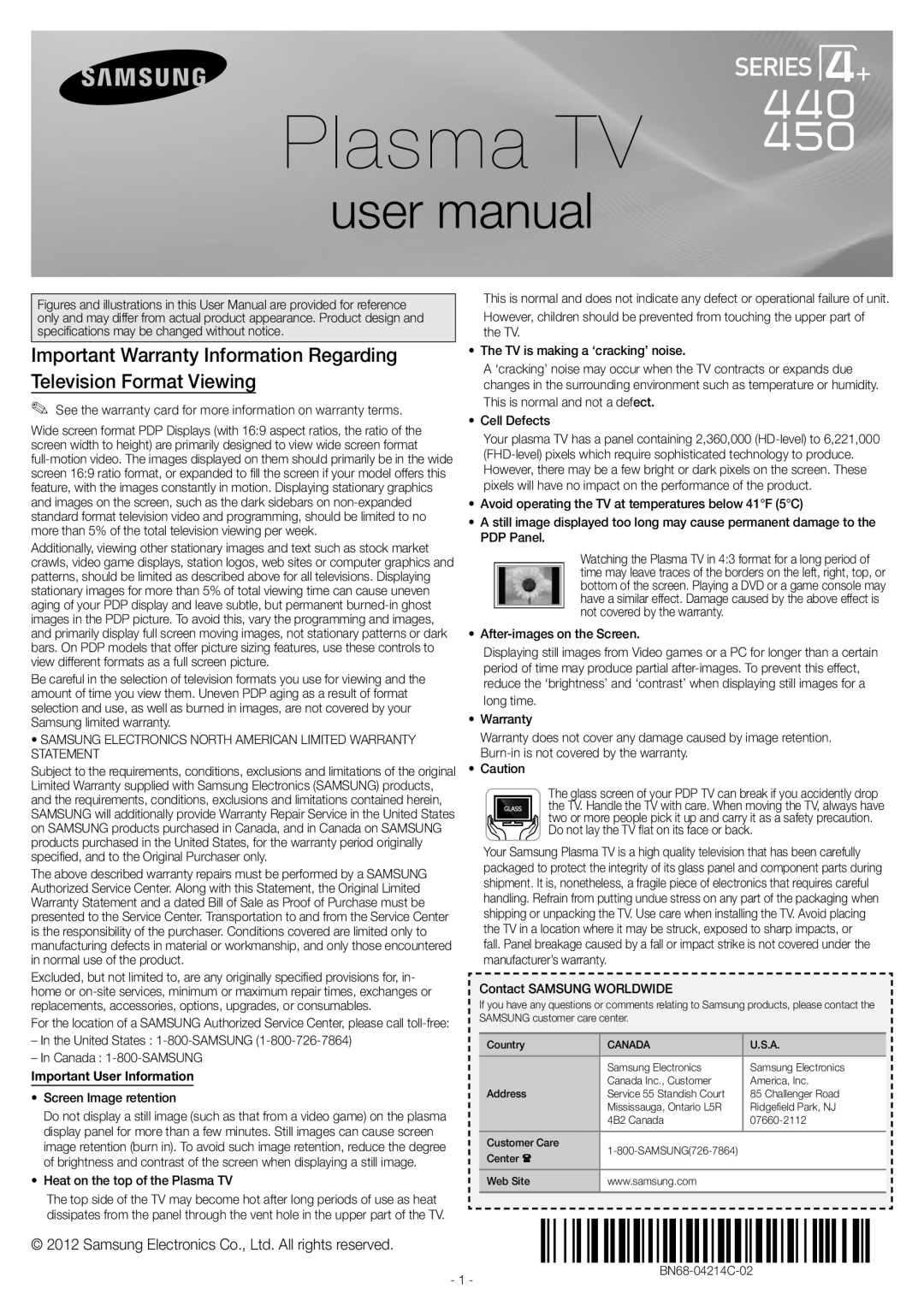 Samsung PN51E450A1FXZA, PN43E450 user manual Important Warranty Information Regarding, Television Format Viewing 