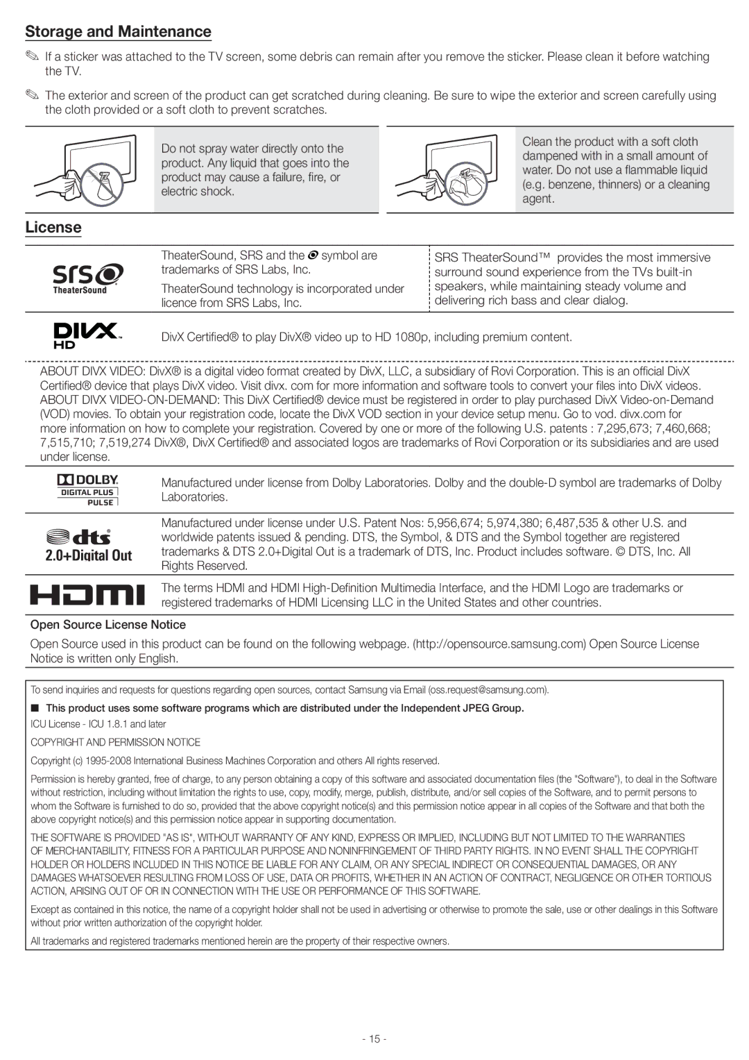 Samsung PN51E450A1FXZA, PN43E450 user manual Storage and Maintenance, Open Source License Notice 