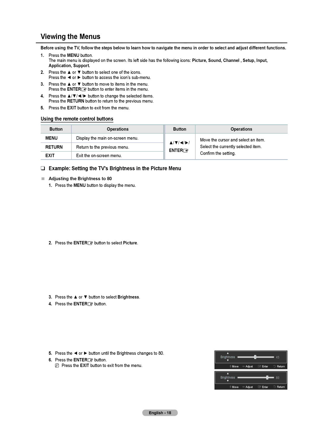 Samsung PN4B40PD Viewing the Menus, Example Setting the TV’s Brightness in the Picture Menu, Return, Exit, Entere 