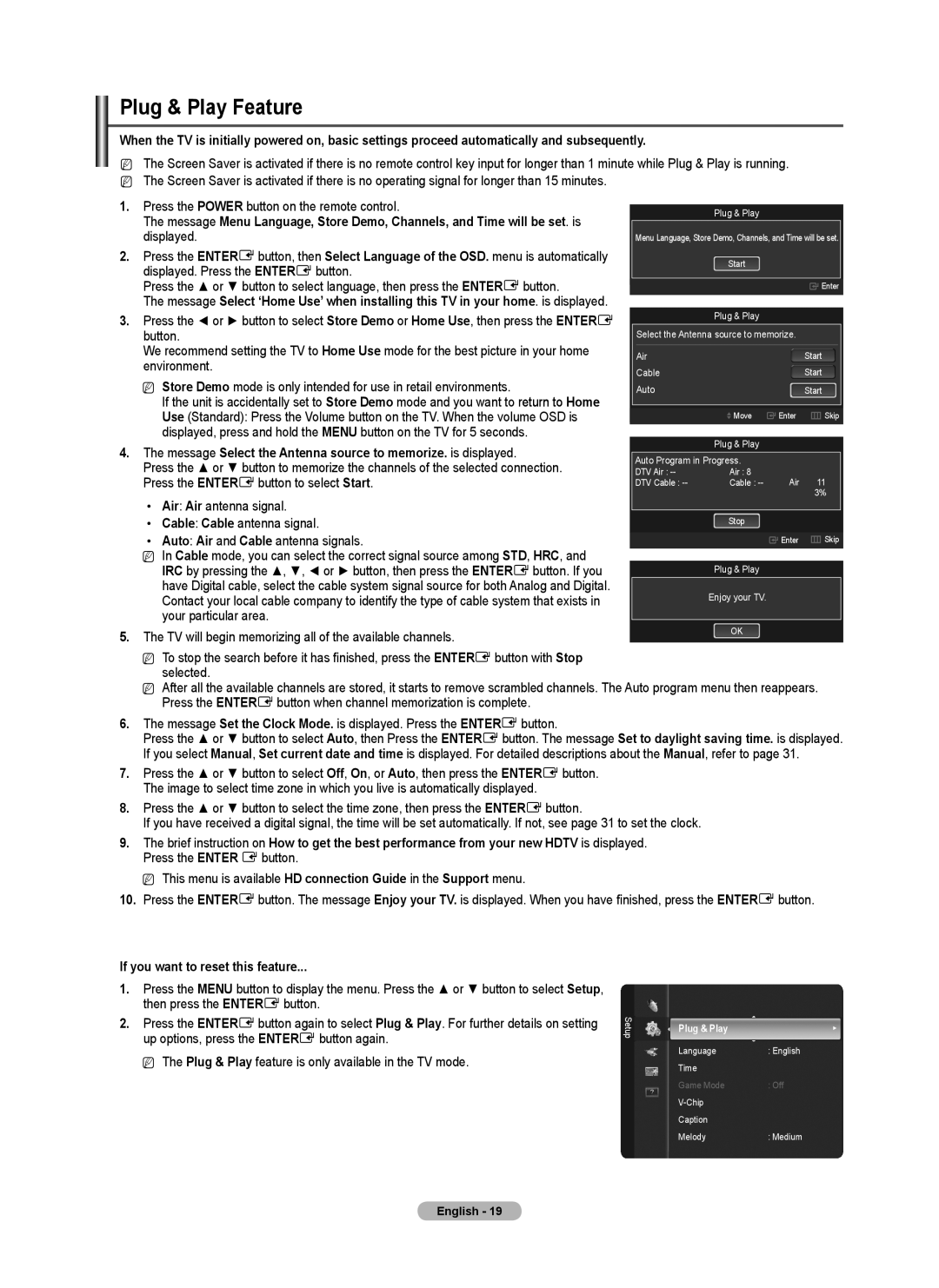 Samsung PN4B40PD user manual Plug & Play Feature, Displayed, Message Select the Antenna source to memorize. is displayed 