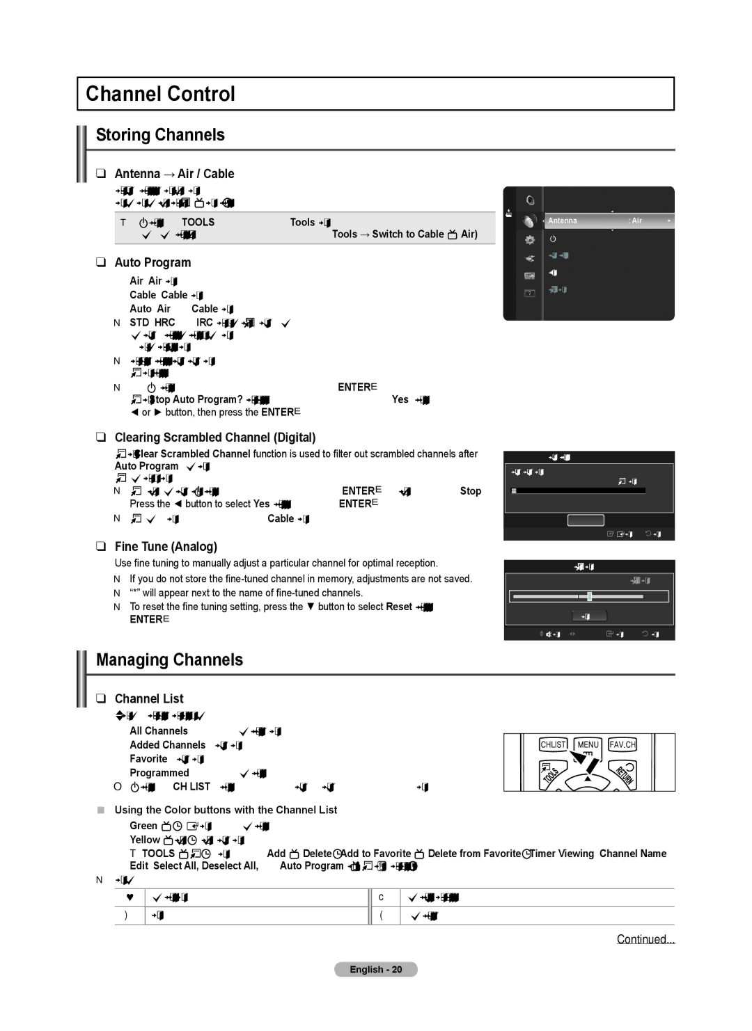 Samsung PN4B40PD user manual Channel Control, Storing Channels, Managing Channels 