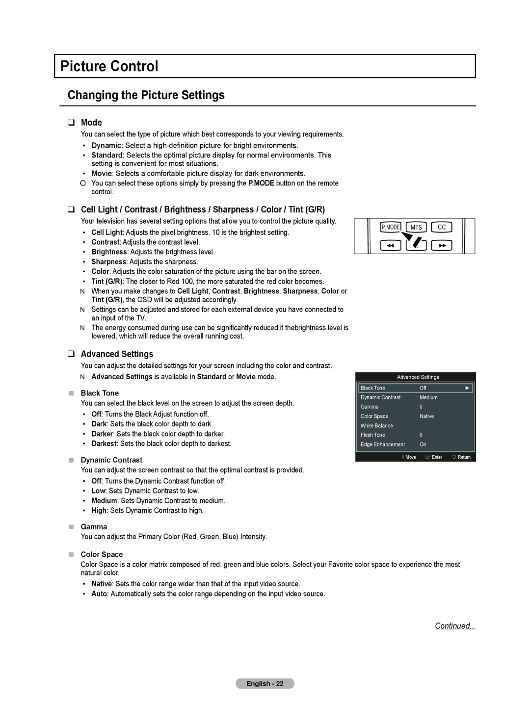 Samsung PN4B40PD user manual Picture Control, Changing the Picture Settings, Mode, Advanced Settings 