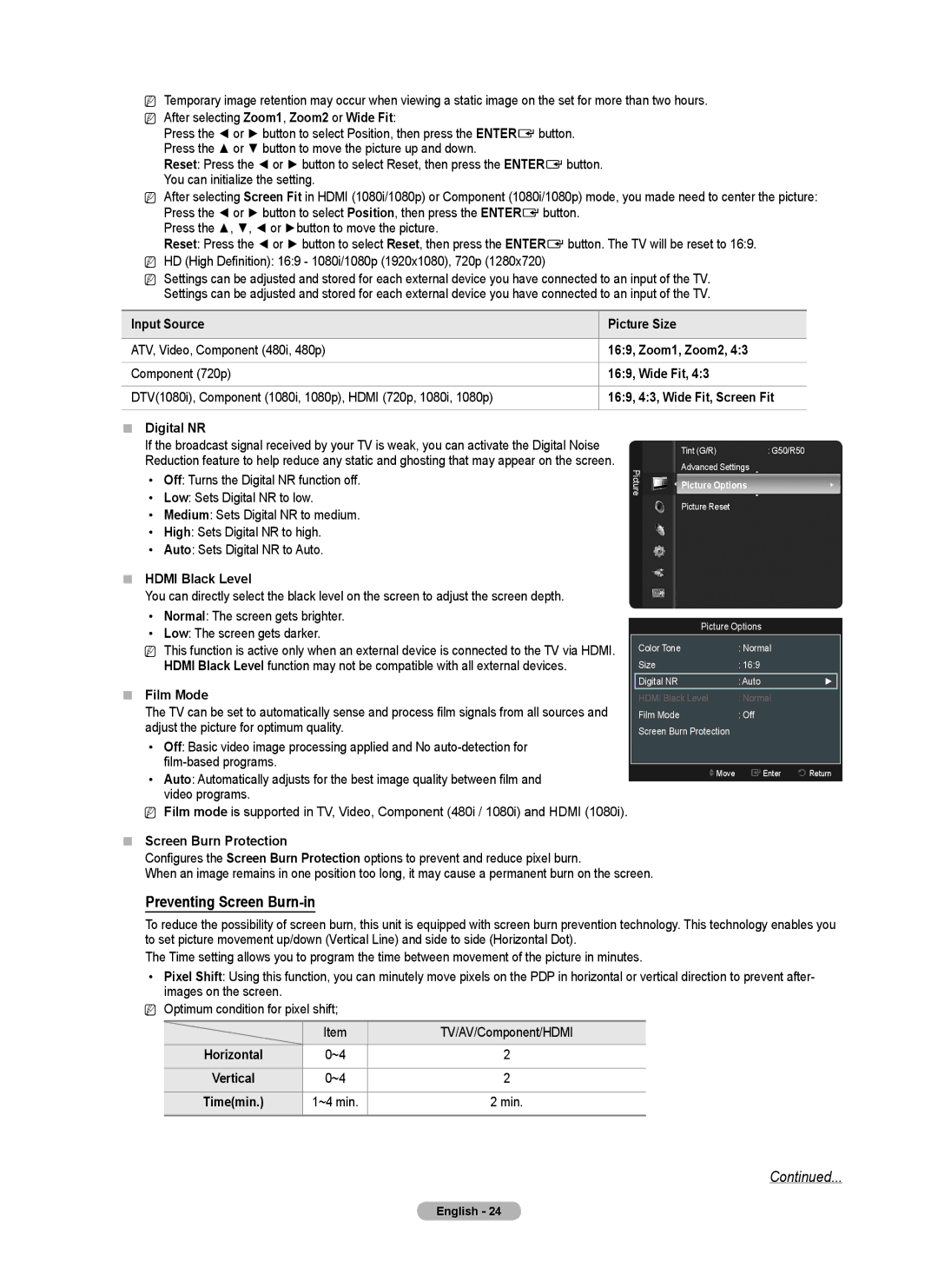 Samsung PN4B40PD user manual Hdmi Black Level, Film Mode,  Screen Burn Protection 