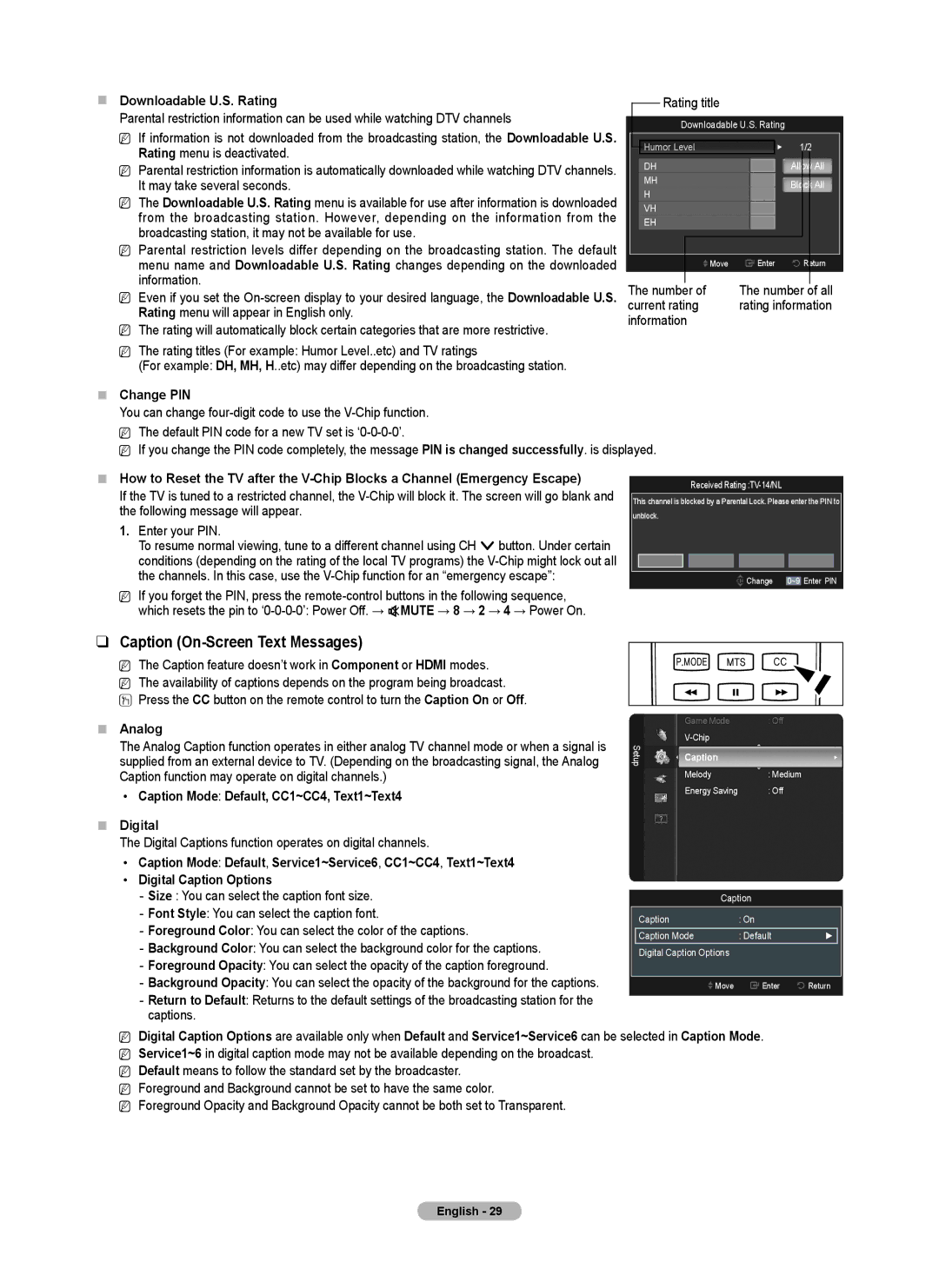 Samsung PN4B40PD user manual Caption On-Screen Text Messages,  Change PIN,  Analog 