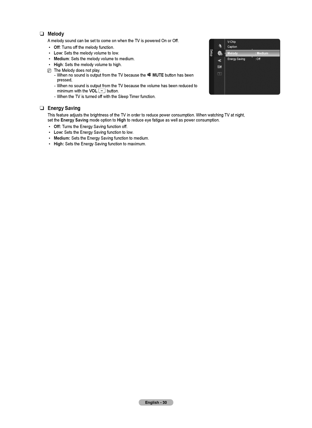 Samsung PN4B40PD user manual Melody, Energy Saving 