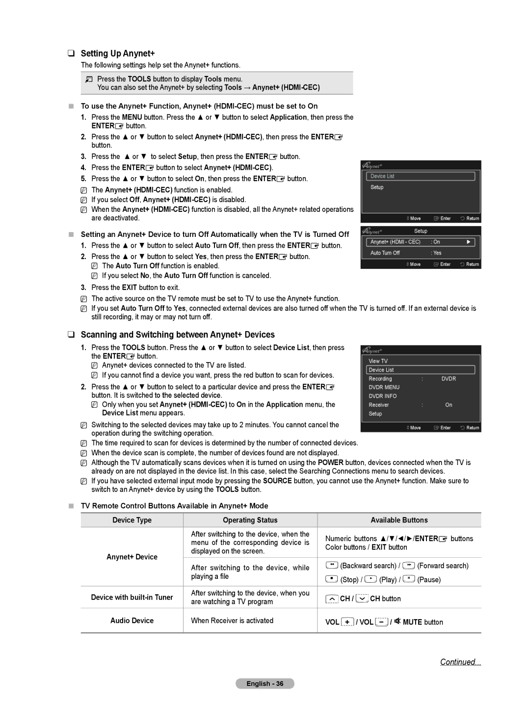 Samsung PN4B40PD user manual Setting Up Anynet+, Scanning and Switching between Anynet+ Devices 