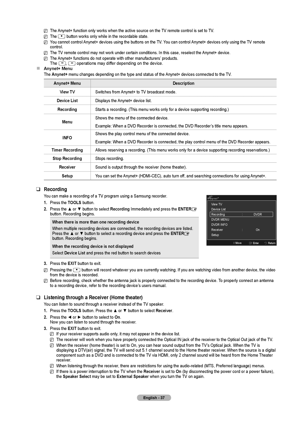 Samsung PN4B40PD user manual Recording, Listening through a Receiver Home theater 