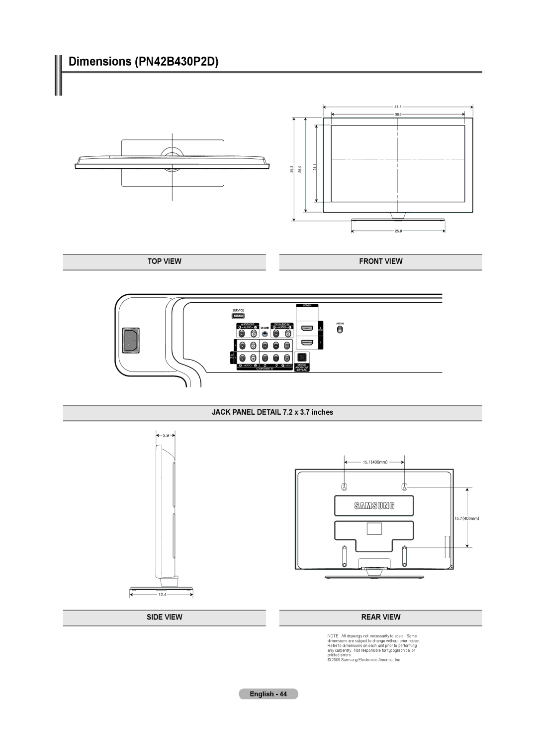 Samsung PN4B40PD Dimensions PN42B430P2D, TOP View Front View, Jack Panel Detail 7.2 x 3.7 inches, Side View Rear View 