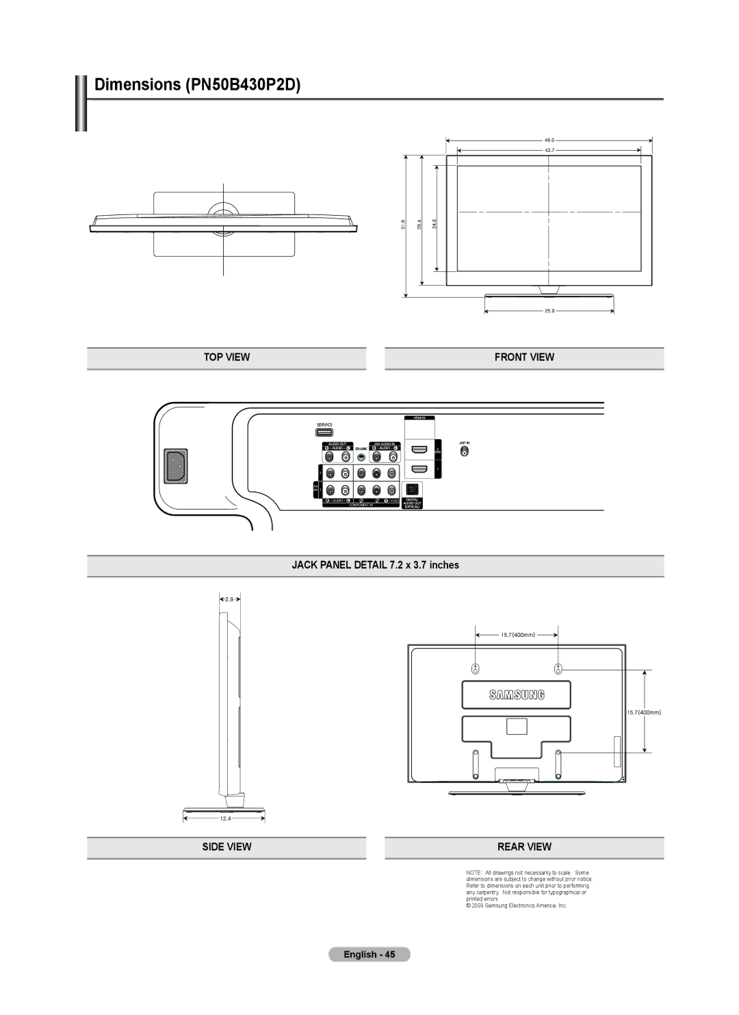 Samsung PN4B40PD user manual Dimensions PN50B430P2D 