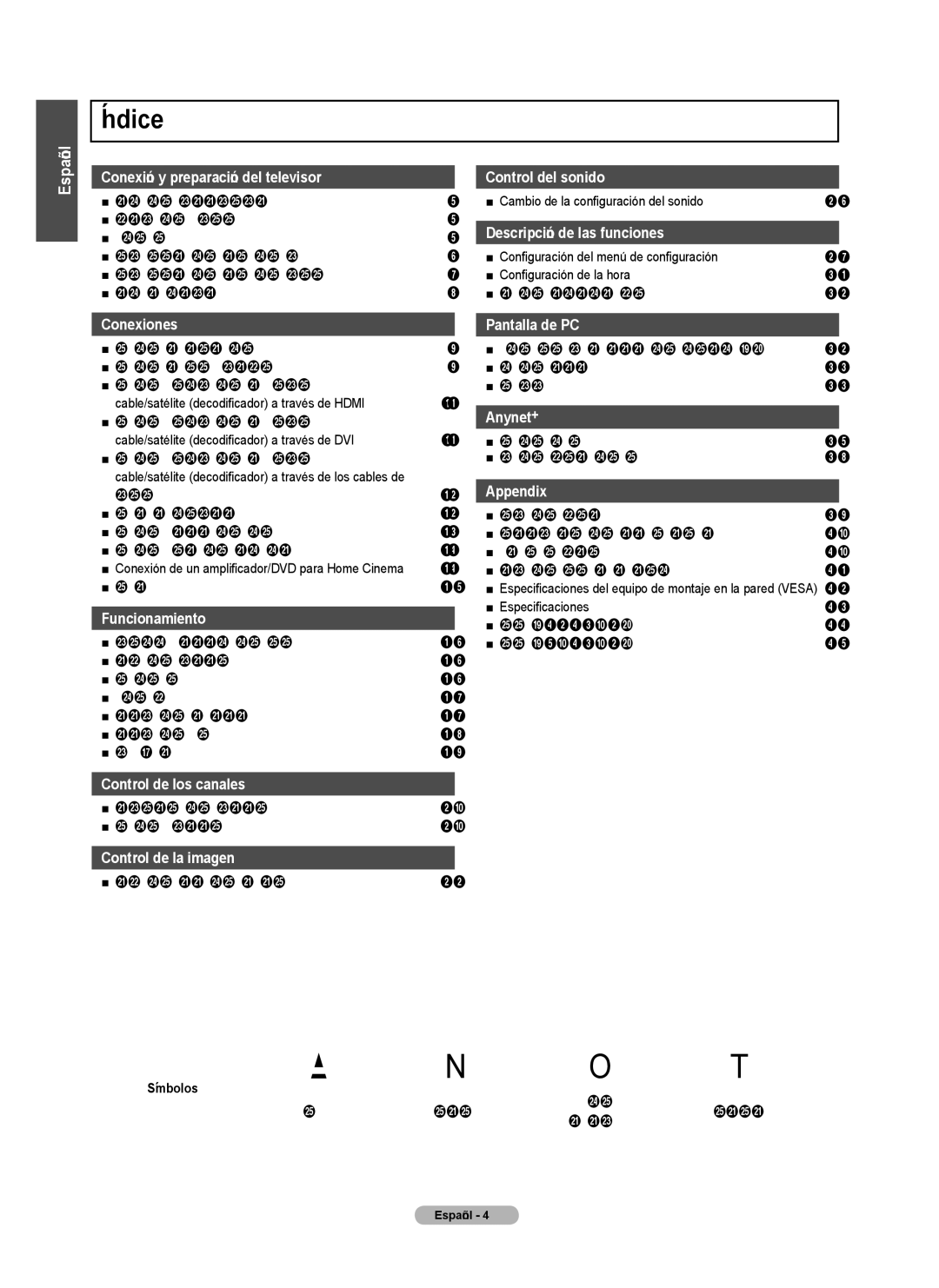 Samsung PN4B40PD user manual Índice, Conexión de un reproductor de DVD/Blu-ray o receptor por, Símbolos, Pulse 