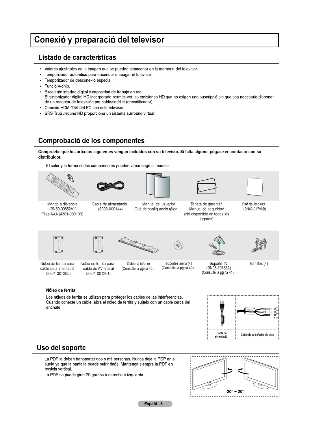 Samsung PN4B40PD Conexión y preparación del televisor, Listado de características, Comprobación de los componentes 