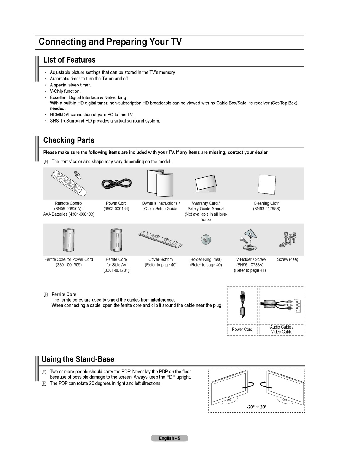 Samsung PN4B40PD Connecting and Preparing Your TV, List of Features, Checking Parts, Using the Stand-Base, Ferrite Core 