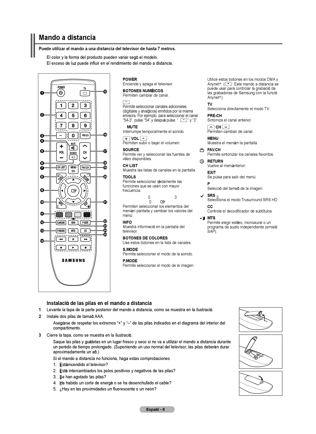 Samsung PN4B40PD user manual Mando a distancia, Instalación de las pilas en el mando a distancia 