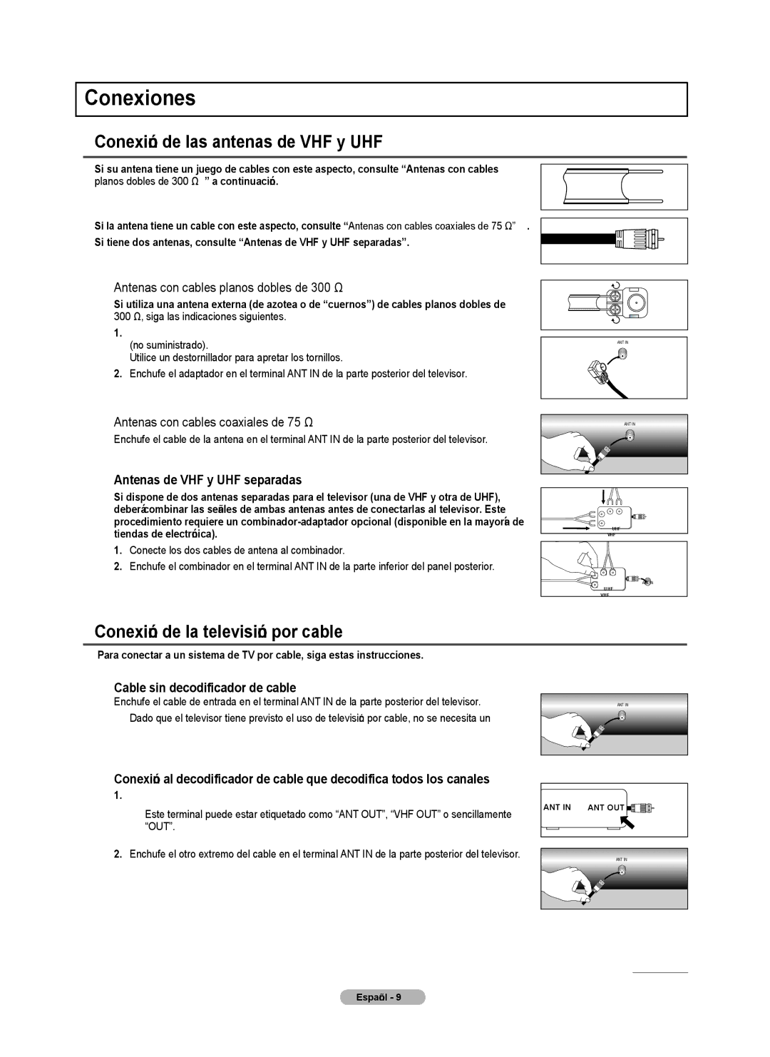 Samsung PN4B40PD user manual Conexiones, Conexión de las antenas de VHF y UHF, Conexión de la televisión por cable 