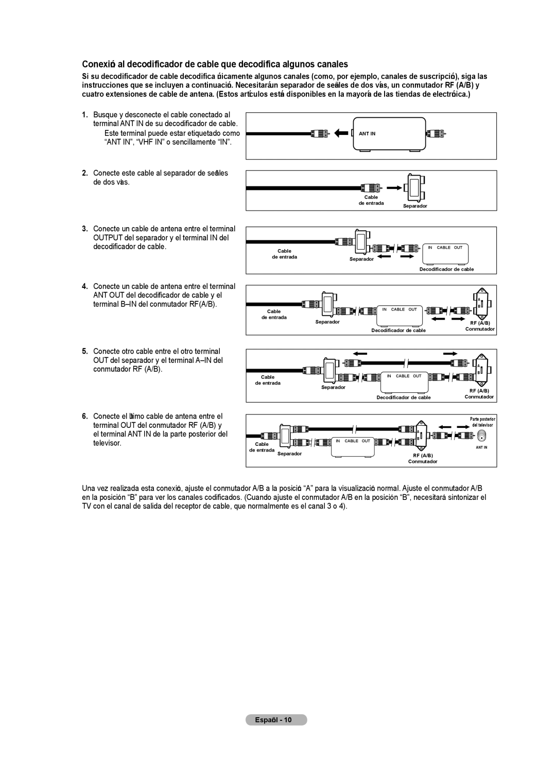 Samsung PN4B40PD user manual Conecte este cable al separador de señales de dos vías, Decodificador de cable 