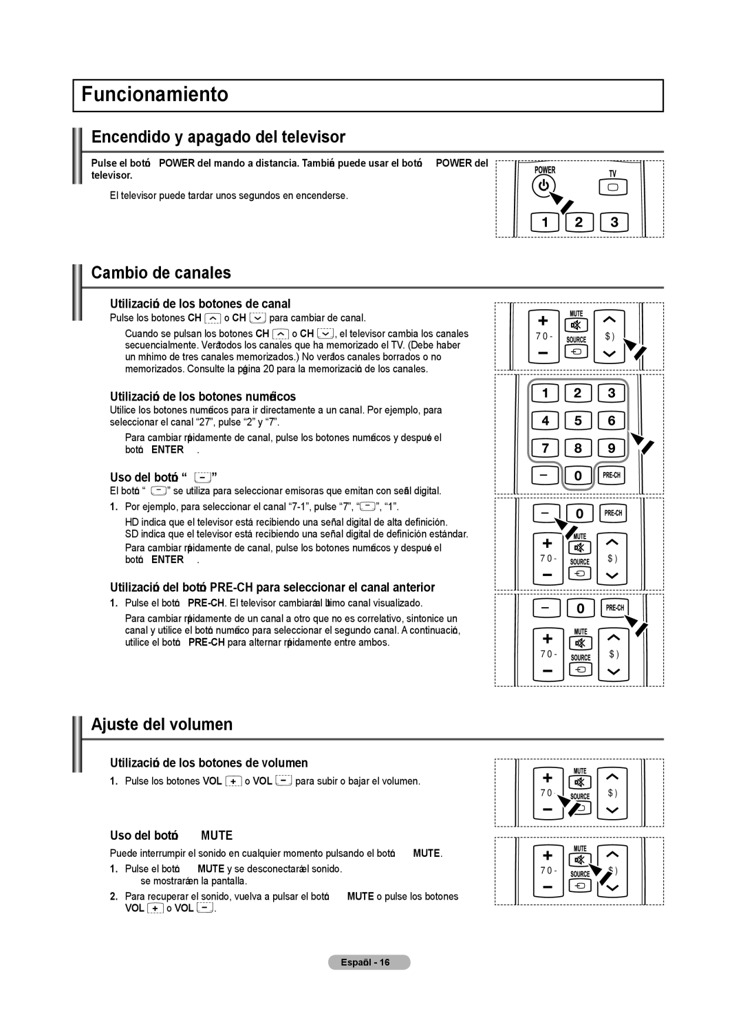 Samsung PN4B40PD user manual Funcionamiento, Encendido y apagado del televisor, Cambio de canales, Ajuste del volumen 