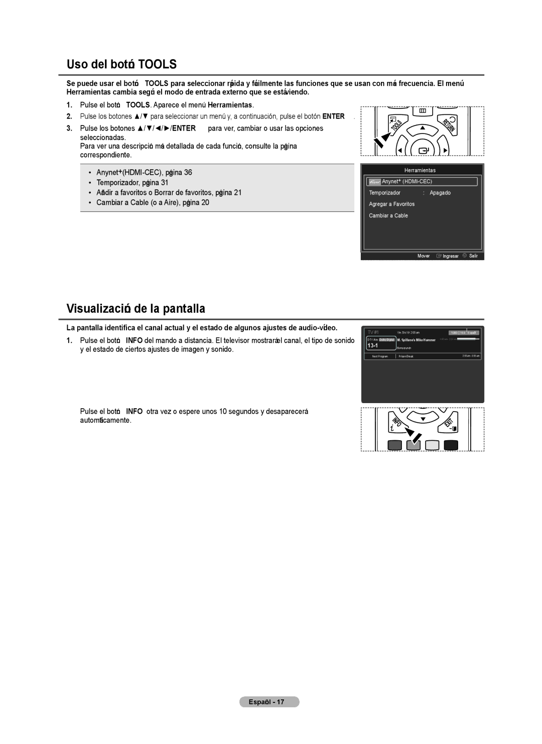 Samsung PN4B40PD user manual Uso del botón Tools, Visualización de la pantalla 